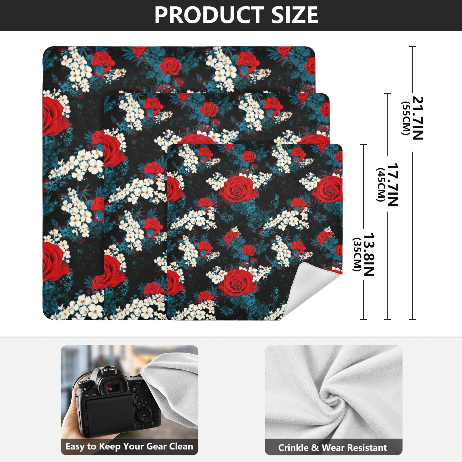 ODAWA Red Roses Self-Adhesive Cloths 13.8X13.8 Inch Cosmetic Bag Magic Cloth Magic Self-Adhesive Cloths for Camera, Lens, Laptop