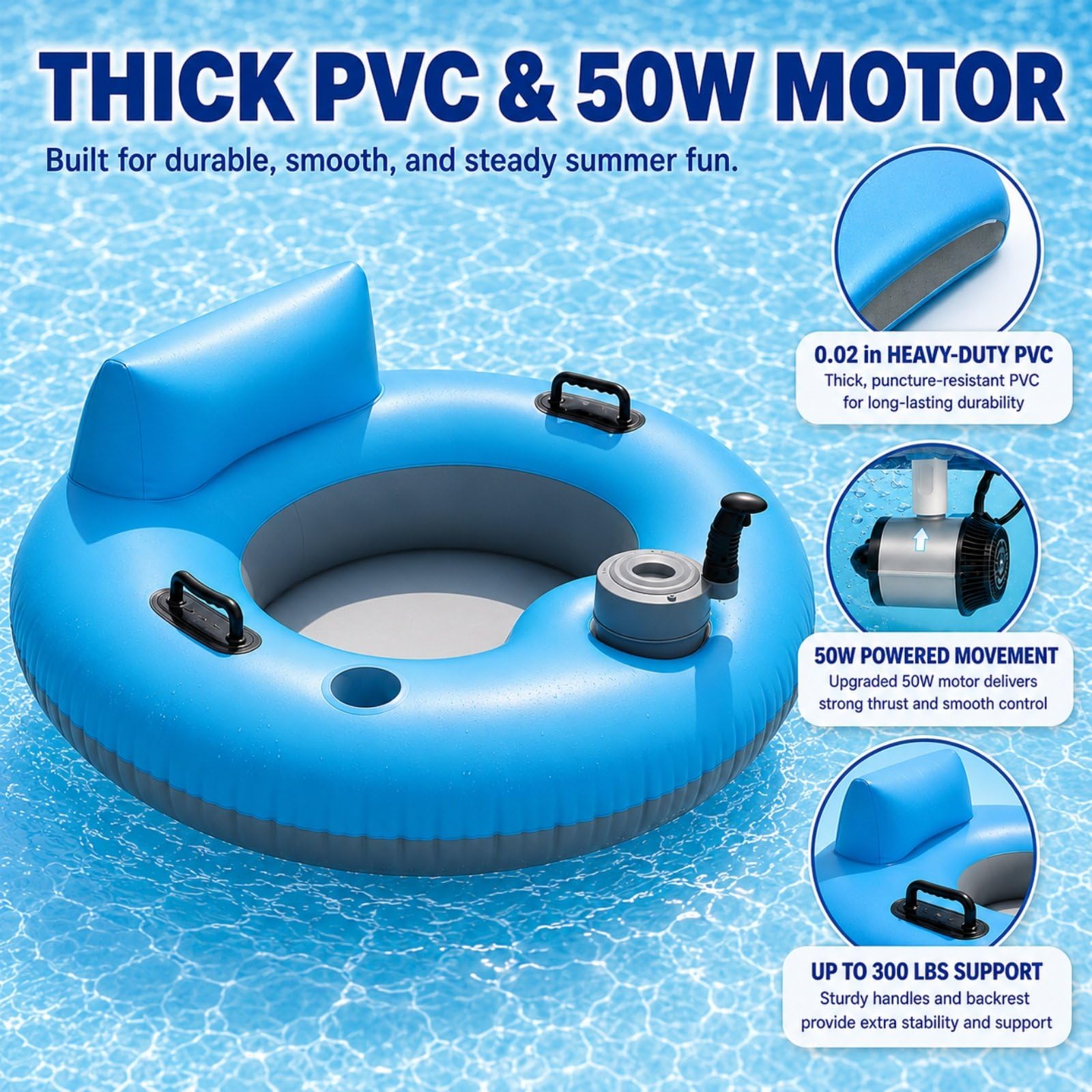 Flotador Motorizado para Piscina, Motor 50 W, Joystick 360° | PVC Grueso, Capacidad 136 kg, Autonomía 60 Min para Usuarios 14+ en Piscina, Lago, Ríos Tranquilos