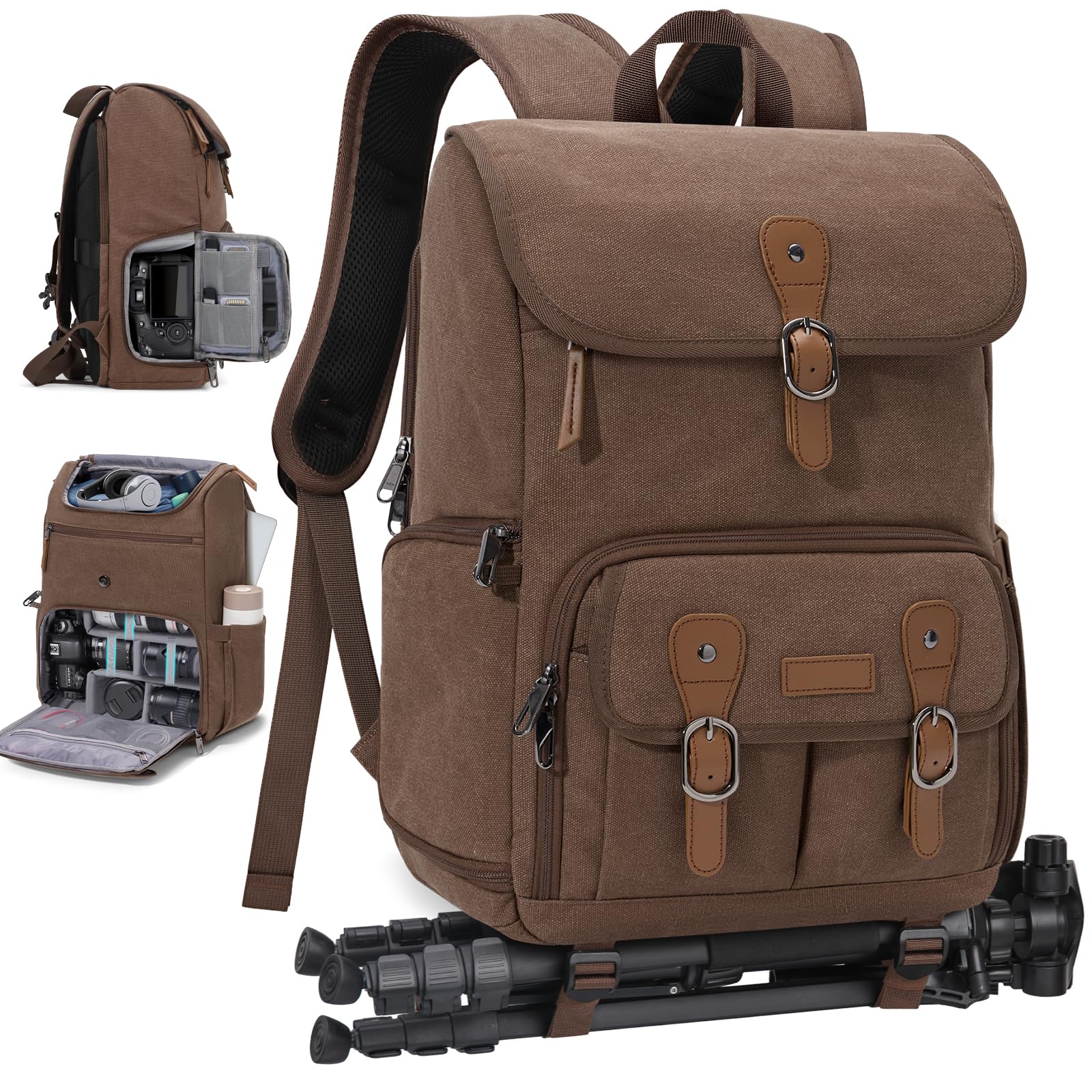 RAINSMORE Camera Bag Backpack for DSLR/SLR Mirrorless 15.6 Inch Laptop Camera Back Pack for Photographers Anti-Theft Photography Bags Case with Tripod Holder & Rain Cover, Coffee