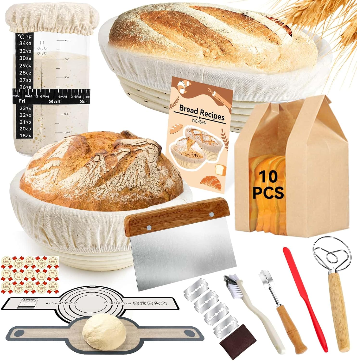 Sourdough Starter Kit, 27 Pcs Banneton Sourdough Bread Baking Supplies, Upgrade Bigger 28oz Sourdough Starter Jar, 9" Round & 10" Oval Bread Proofing Basket, Oval and Round Silicone Bread Sling