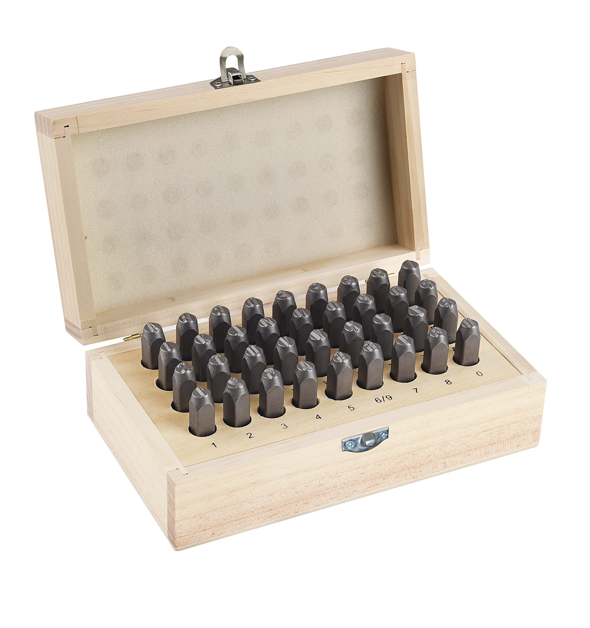 HimaPro Juego de sellos de letras y números de 5/16 pulgadas de 8 mm, 36 piezas de sellos de metal de aleación de acero 40Cr con números y letras en una caja de madera