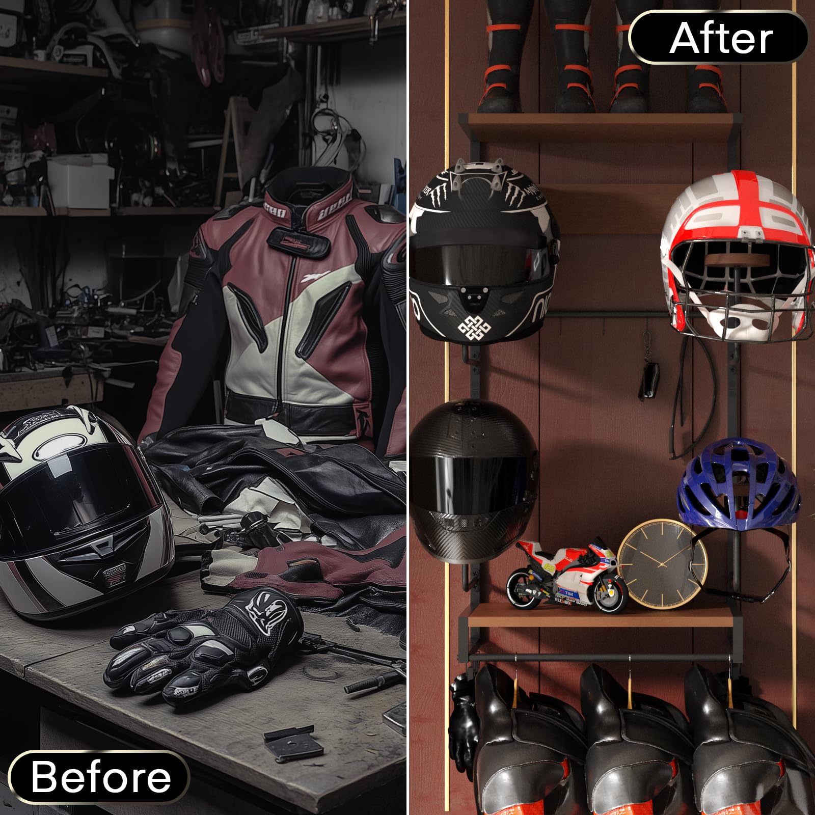 Porta Casco da Parete Con 2 Tavole in Strato di Legno - 4 Supporti per Casco Tattico, Moto, Calcio e Ciclismo - Appendi Cappelli