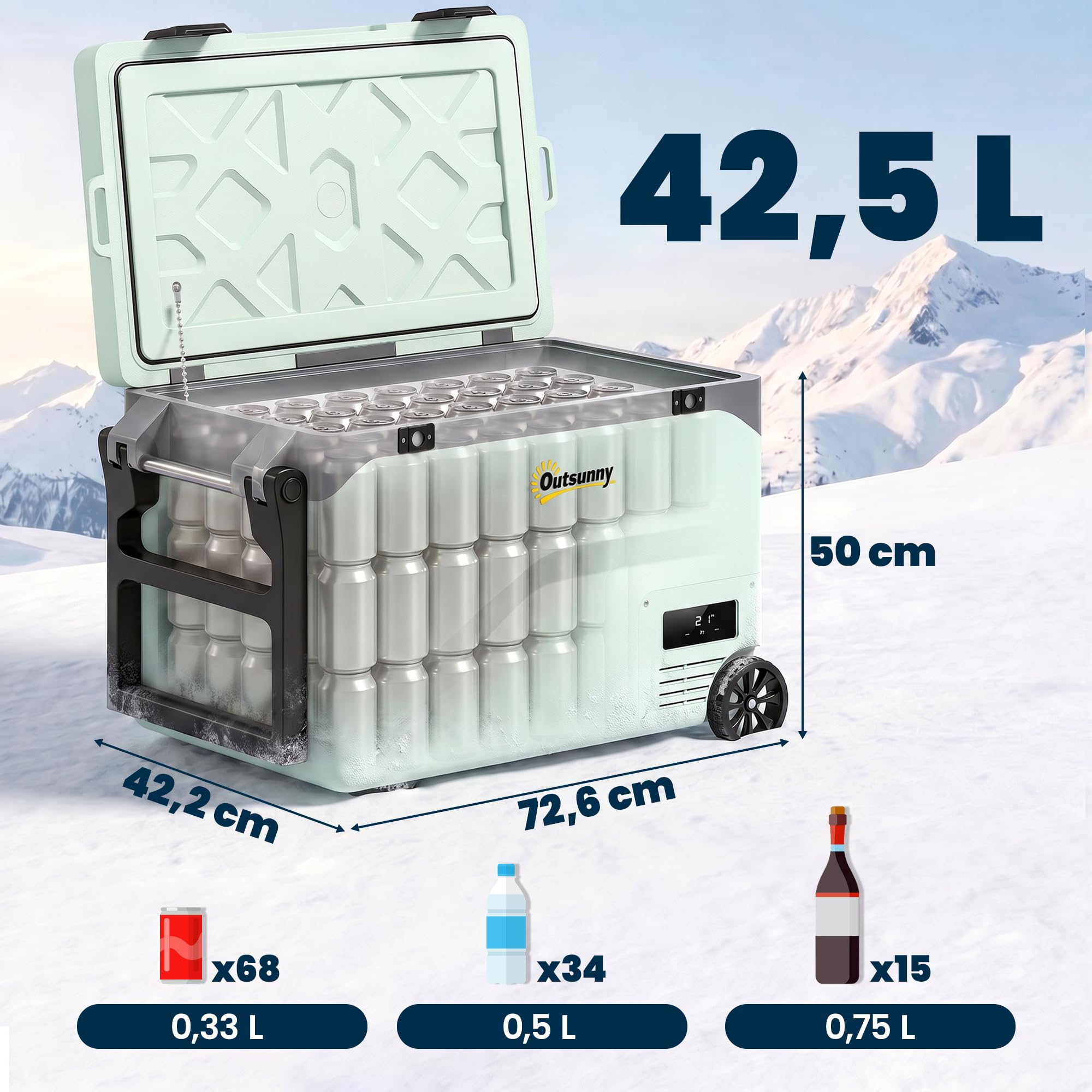 Outsunny Kompresyjna lodówka samochodowa 42,5 l ze sterowaniem za pomocą aplikacji, przenośna lodówka elektryczna z kółkami i uchwytem, 12 V/240 V, od -20°C do 20°C, ciężarówka, samochód kempingowy