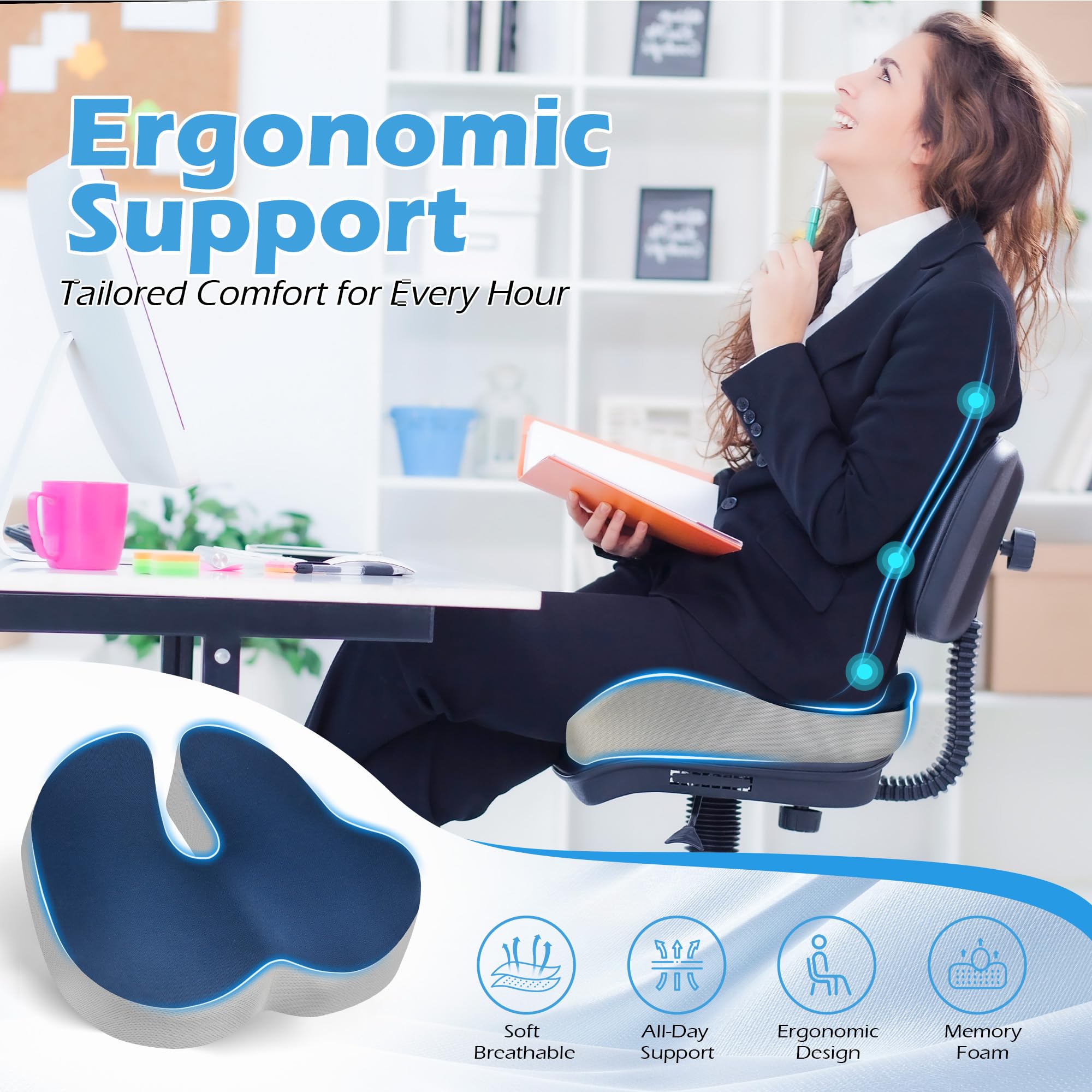 Lofty Aim Cuscino per sedia da ufficio: cuscino ergonomico in memory foam, cuscino per alleviare il dolore al coccige, sciatica, cuscino da scrivania per sedia da ufficio, seggiolino auto, aereo
