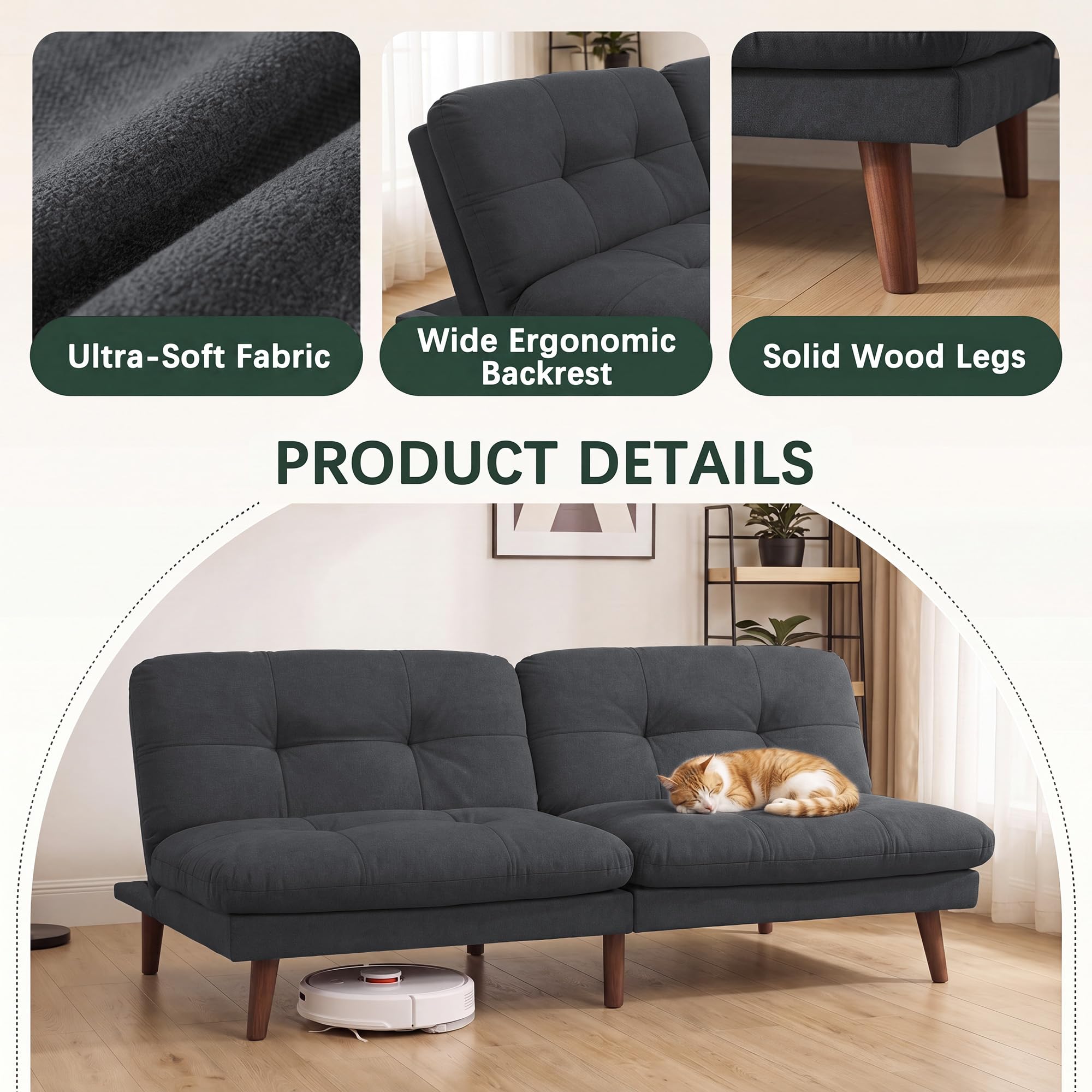 Flamaker 67'' Futon Sofa Bed, Modern Grey Linen Convertible Futon Couch | Folding Futon Set with Adjustable Backrest, Solid Wood Frame Loveseat, Recliner Lounge for Living Room, Apartment & Office