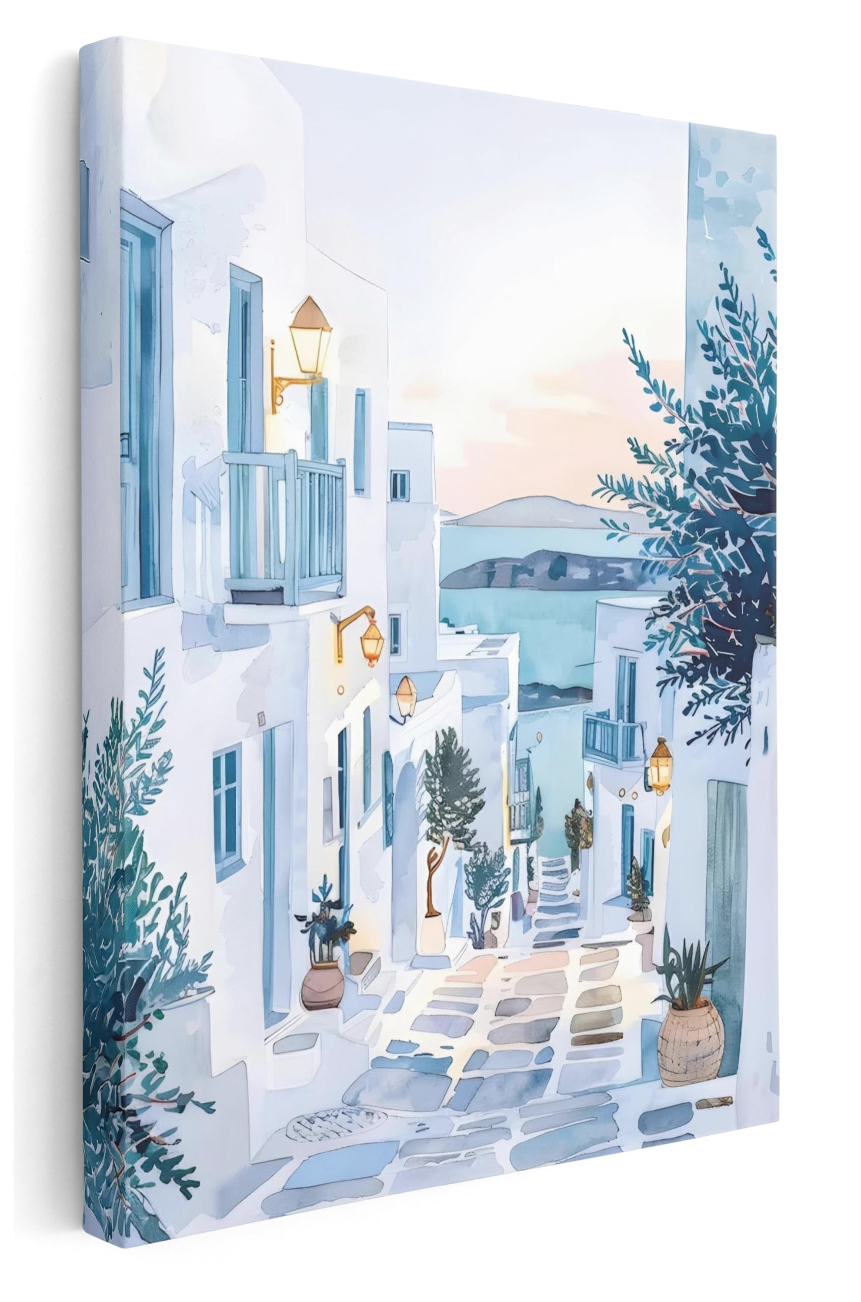 Pastello Mediterranean Collection Canvas Wall Art – Santorini Greece Wall Art Print for Living Room, Bedroom, Office, Framed Artwork (Mediterranean Street, 87cm x 61cm / 34x24inch, Wrapped Canvas)