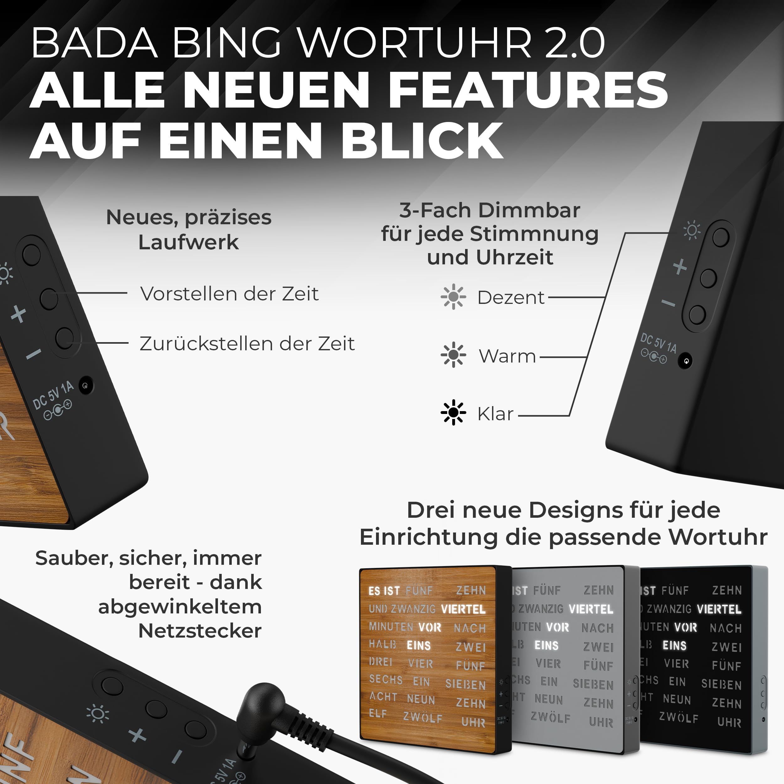 Bada Bing LED Wortuhr Silber mit Deutscher Wort Anzeige - edle Metall Uhr mit USB Kabel Wanduhr modern - Tischuhr hochwertig lautlos zum Aufstellen/Aufhängen - Deko Geschenk Männer Geburtstag Büro