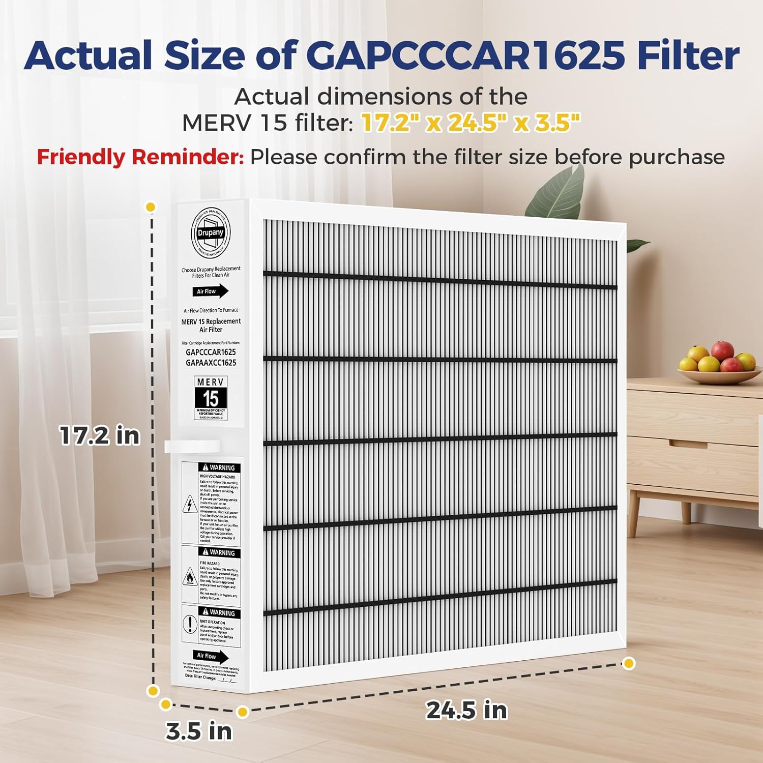 MERV 15 Replacement Air Filter, Compatible with Bryant/Carrier Infinity Air Purifier GAPAAXCC1625, GAPCCCAR1625, Actual Filter Size 17.2" x 24.5" x 3.5", 1 Pack - Image 3
