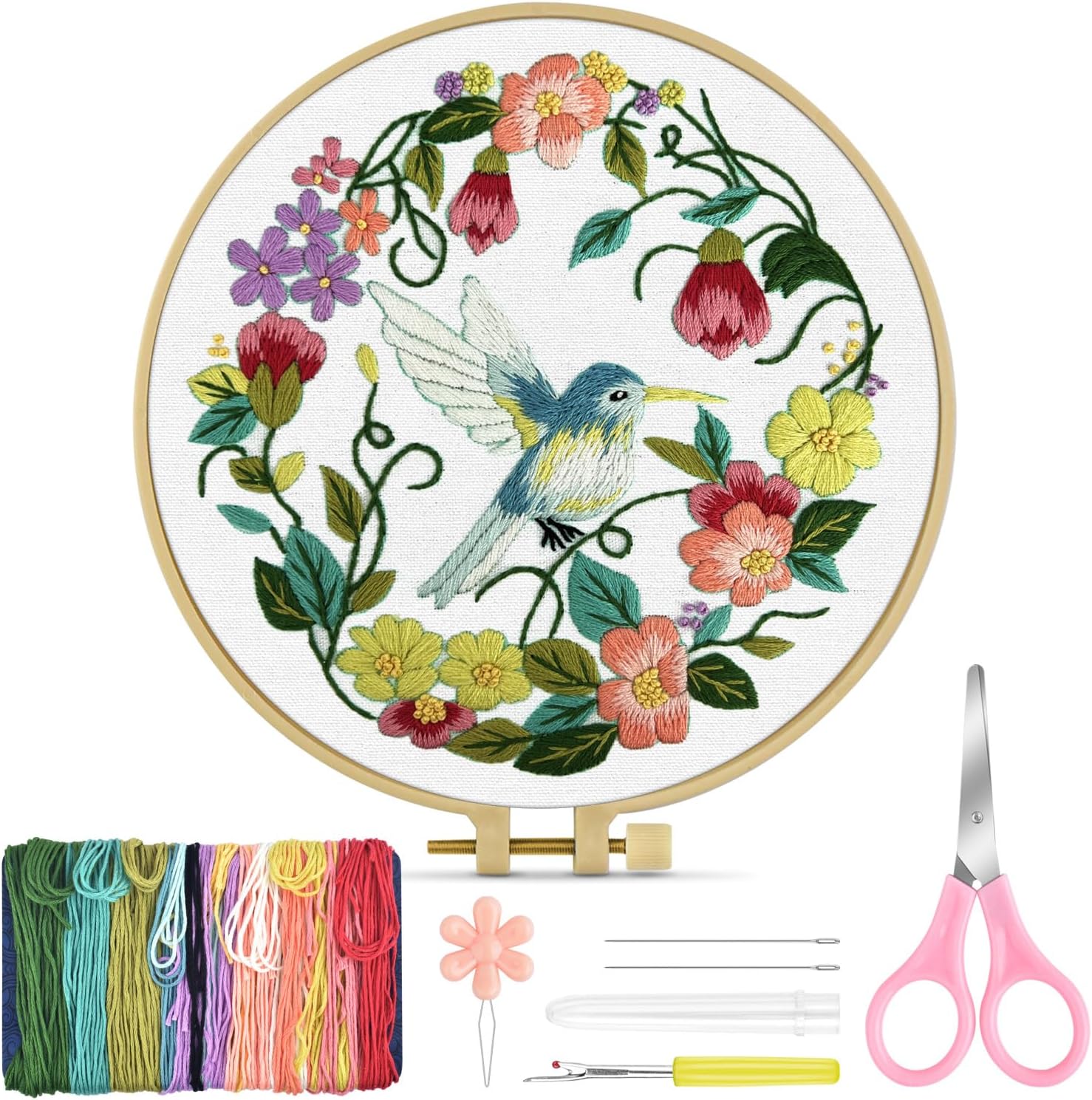 TINDTOP Embroidery Kit for Beginners Adult, Hummingbird Embroidery Kit for Beginners Include Embroidery Cloth Hoops Threads for Craft Lover Hand Stitch with Embroidery Skill Techniques