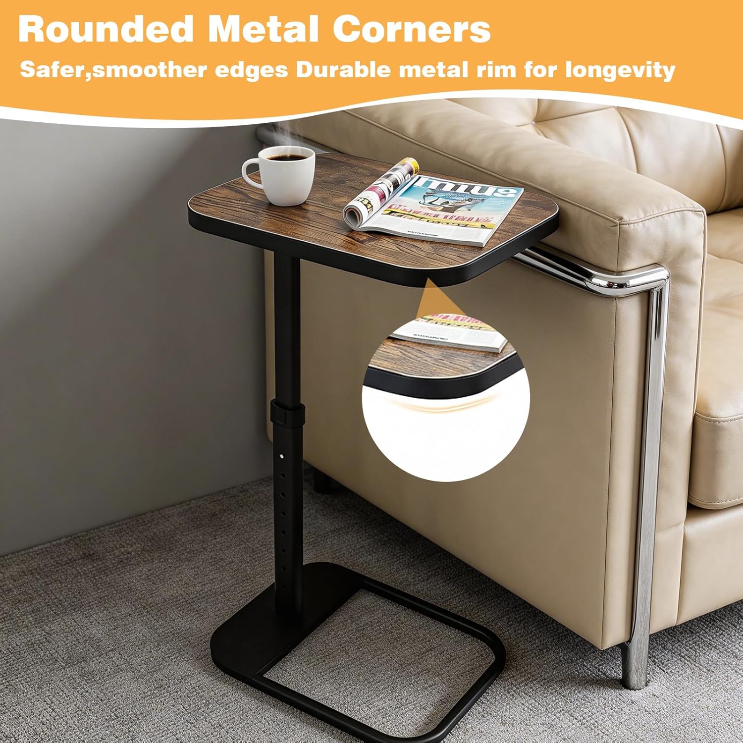 Foldable TV Tray Table, Adjustable Height C Table Couch Side Table, Small End Table Sofa Table Laptop Desk Coffee Table for Couch Bed Small Spaces