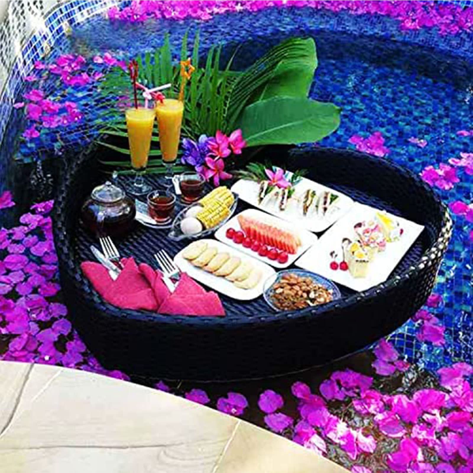 Plateau de Petit-déjeuner Flottant en rotin, Plateaux de Service flottants, Plateau de Nourriture Flottant tissé en rotin, Plateaux de Service de Piscine pour la Natation, Les Barres de sabl