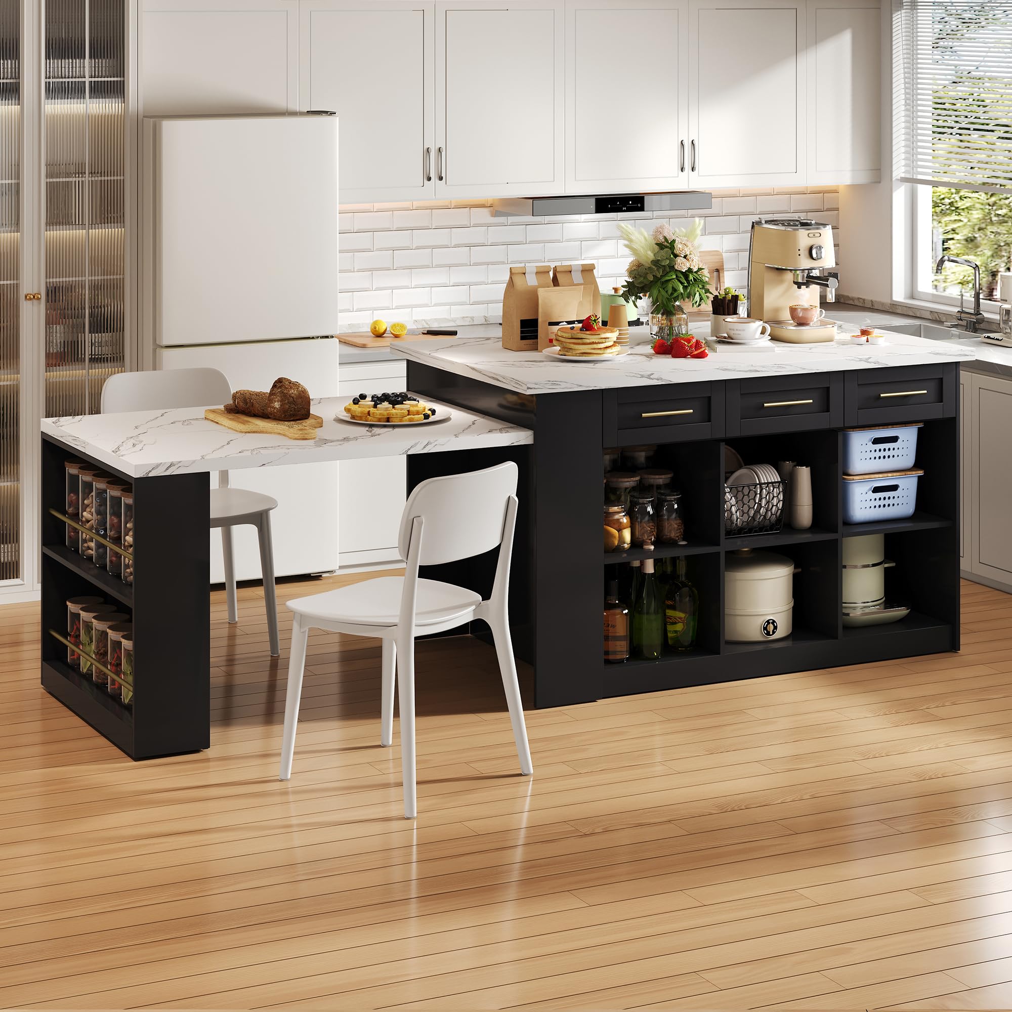 Kücheninsel mit Ausziehtisch 150+96cm, Freestanding Kitchen Island Kücheninseln mit Schwarz ausziehbarer Esstisch,Weiß marmorierte Holzarbeitsplatte/Tisch, mit Stauschränke für Familienküchen