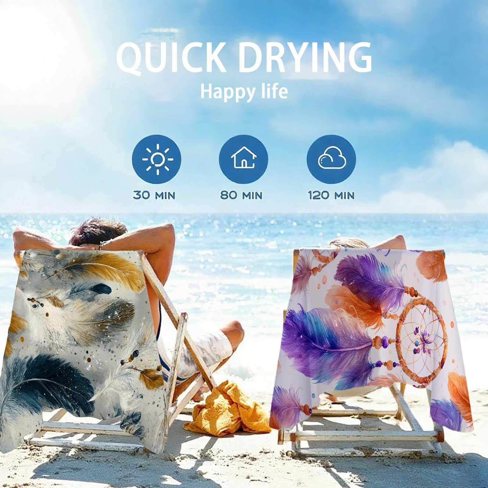 Ręcznik plażowy z mikrofibry 85 x 170 cm prześcieradło plażowe przeciw piaskowaniu pióro ręcznik plażowy XXL kolorowy ręcznik plażowy szybkoschnący, miękki ultrachłonny szybkoschnący do podróży, sauny