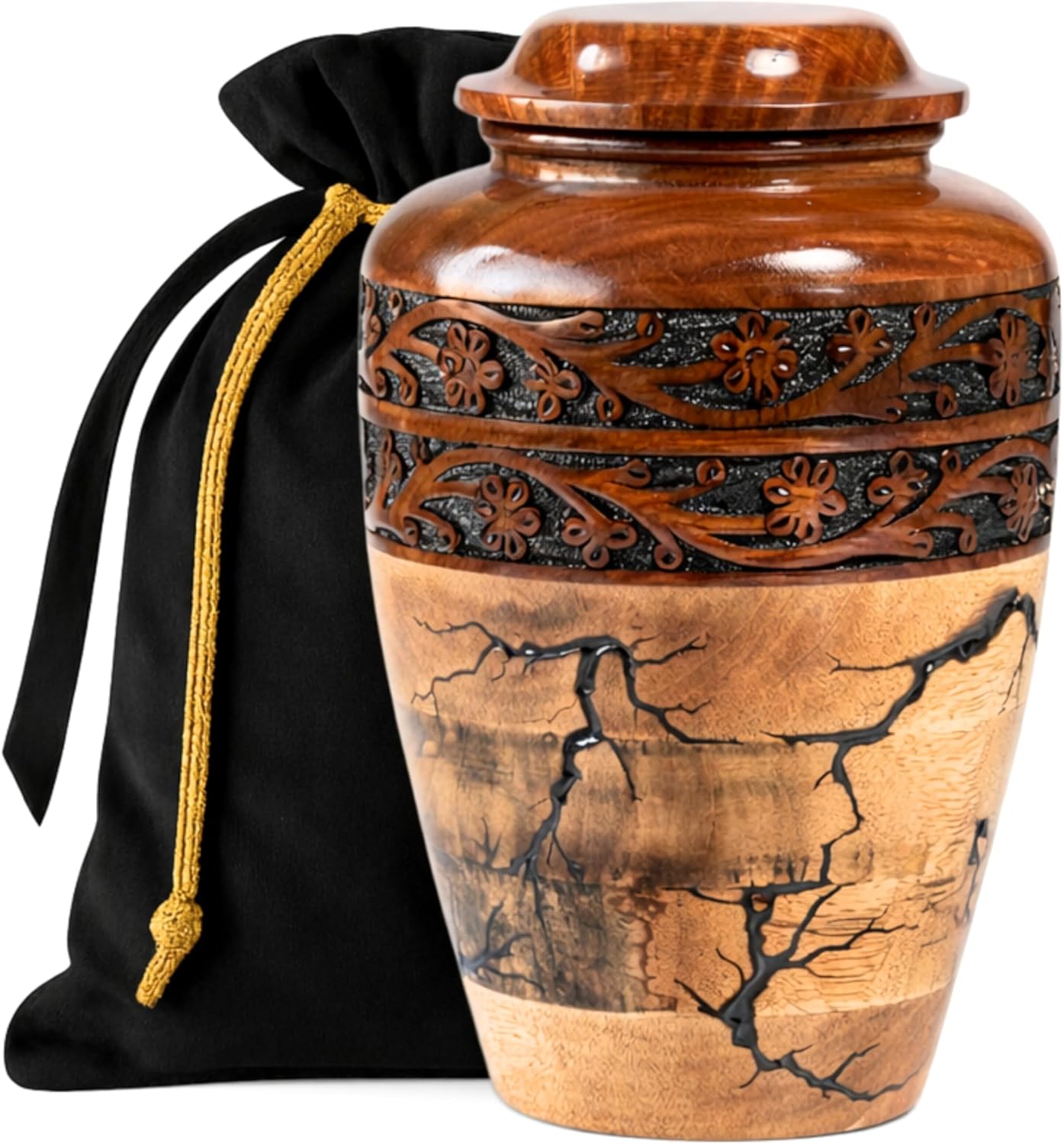 Wooden Cremation Urn for Human Ashes Adult Male Urn for Ashes for Women and man, Adult Size Decorative urn. Burial and Funeral Urn Double Flora Engraving Rosewood Large 200 Cu in Resin Inlay.