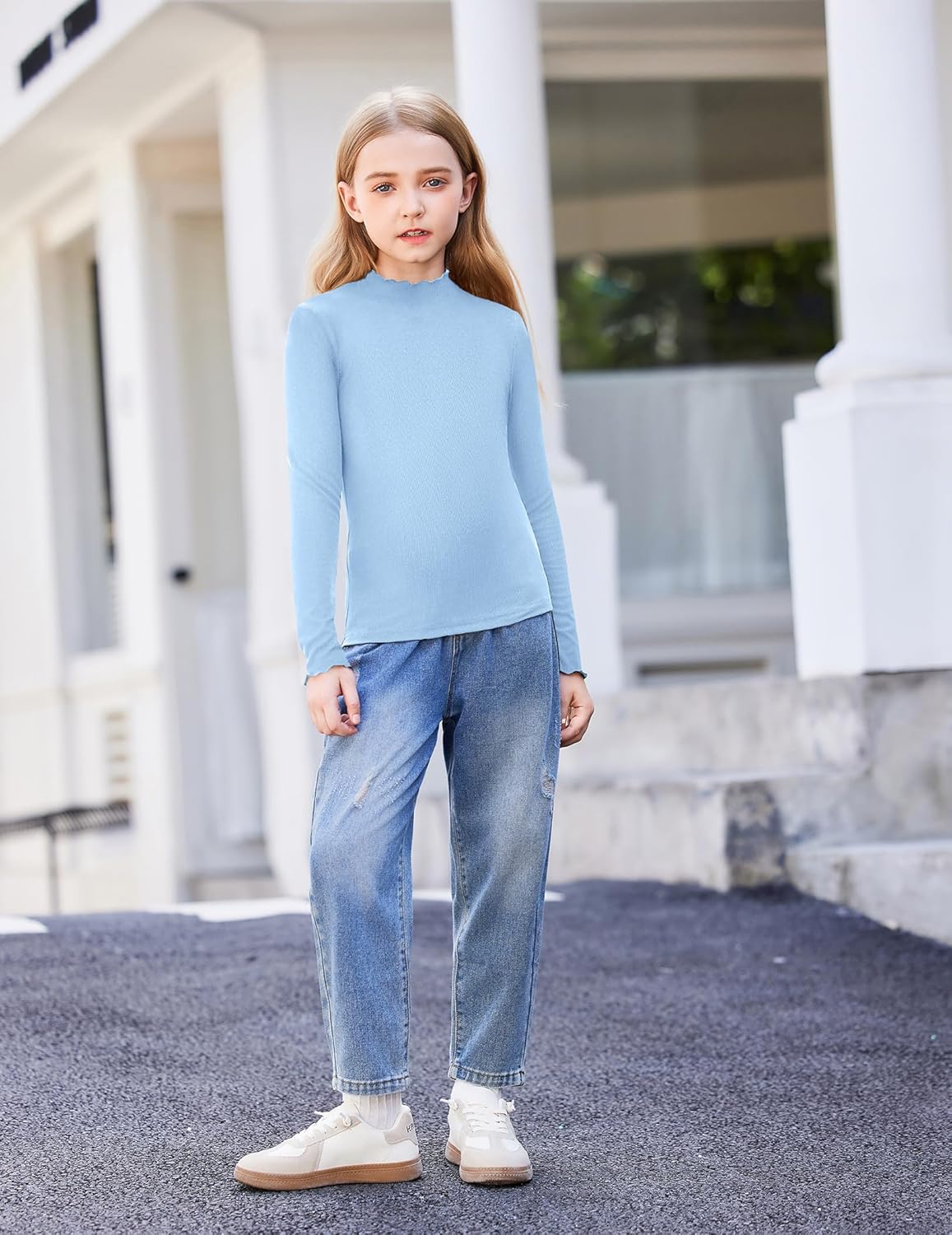 Arshiner Girls Lettuce Trim Mock Neck Long Sleeve Shirts Ribbed Knit Slim Fit Base Layer Tops Tees - Image 4