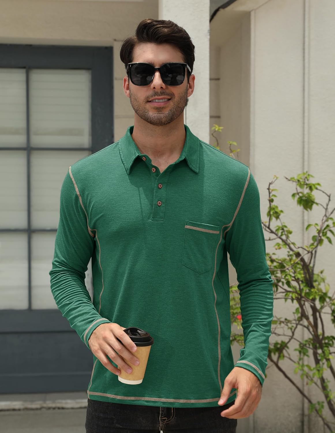 Mens Athletic Polo Shirt Cotton Workout Button Collar Long Sleeve Shirts with Pocket - Image 3