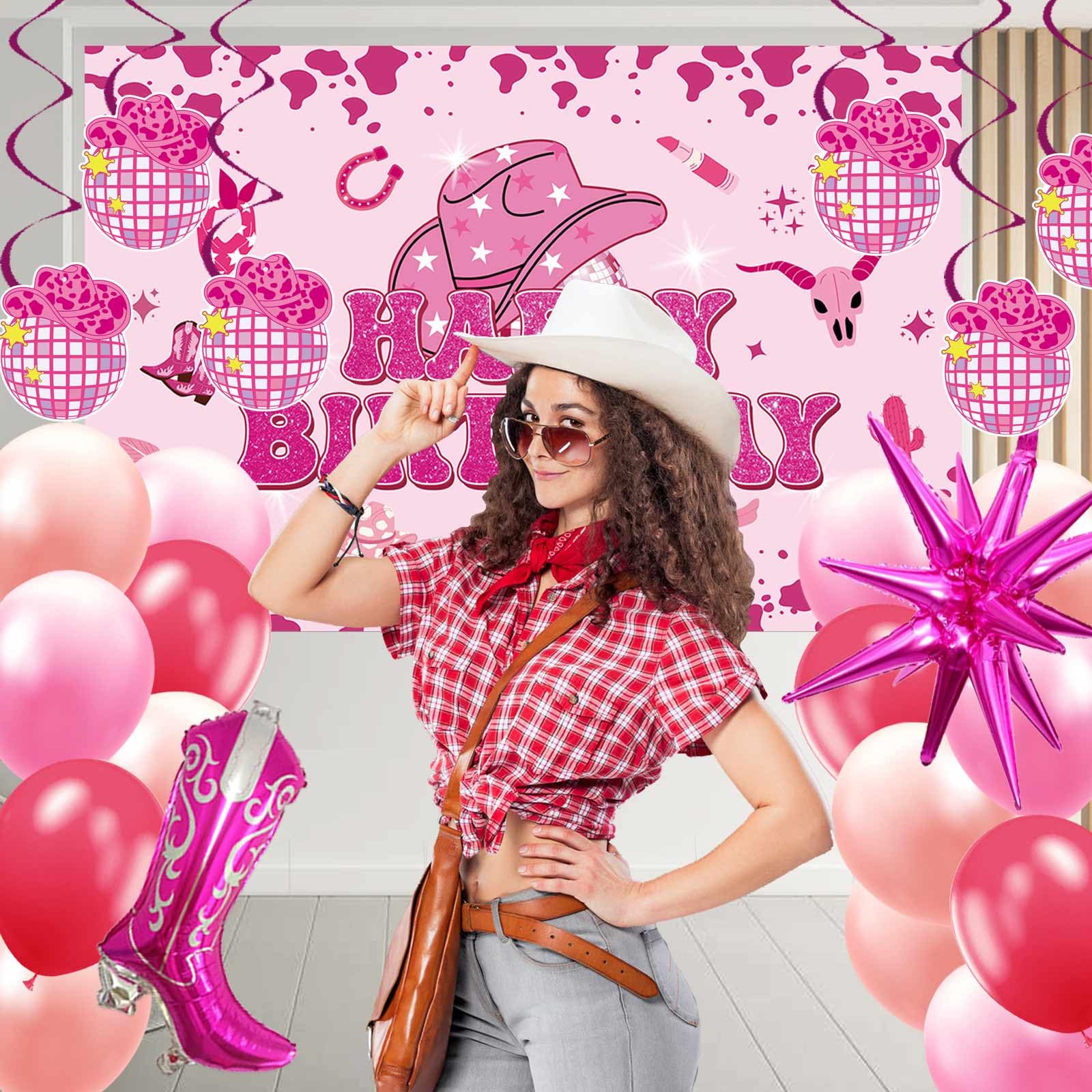 Kreat4joy Disco Cowgirl Birthday Party Decorations Banner, Hot Pink Cowgirl Happy Birthday Banner For Western Cowgirl Rodeo Birthday Party
