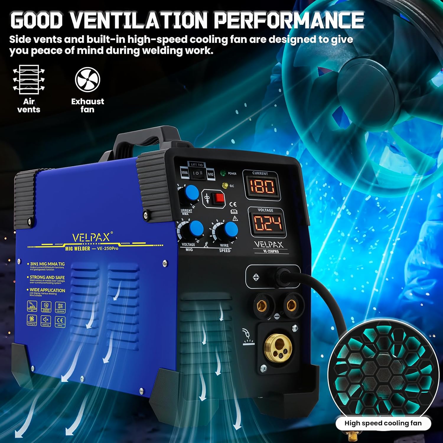 Front panel of the VELPAX VE-250Pro welding machine, showing the control layout and connection points
