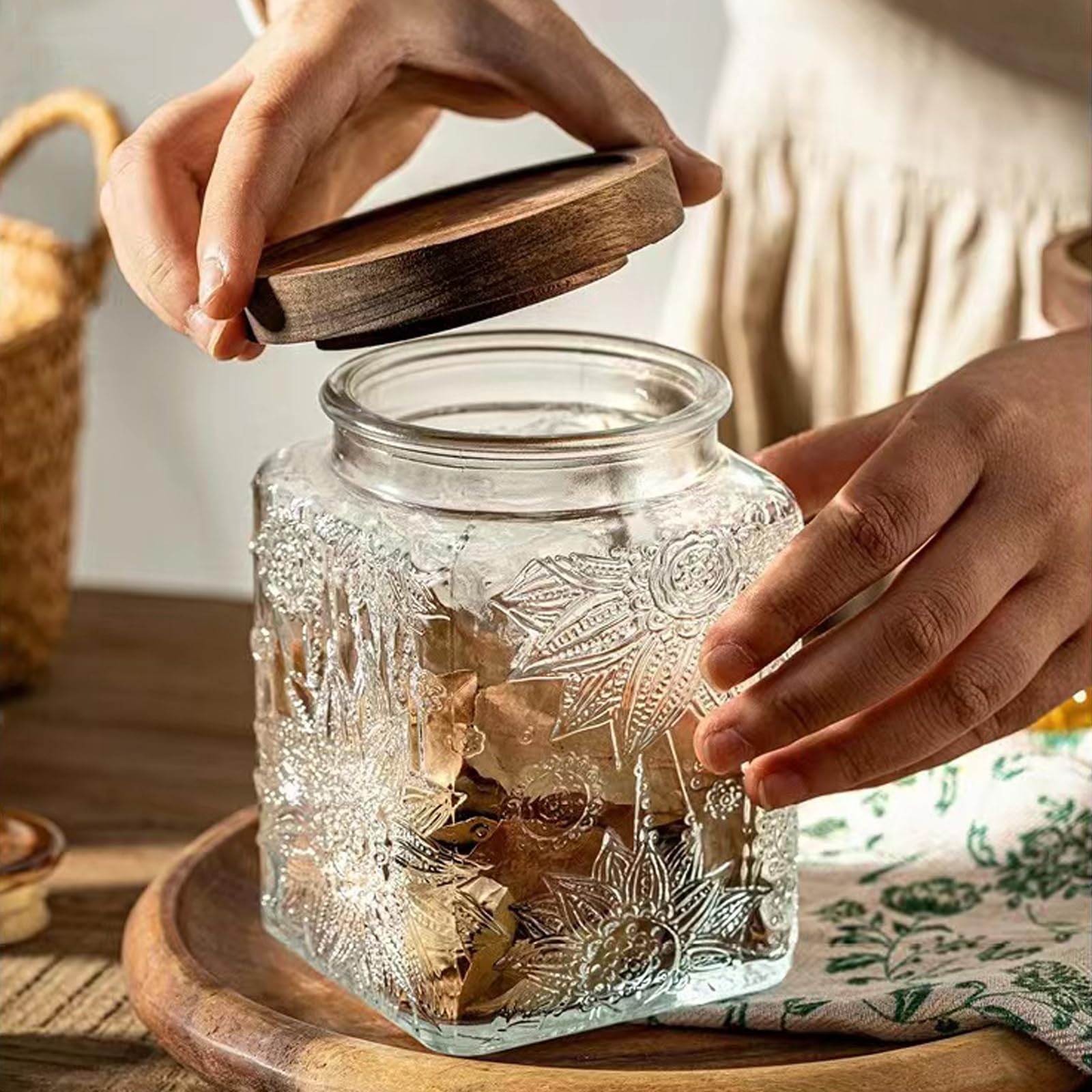 Luftdichte Vorratsdose aus Glas im Vintage-Stil, mit luftdichtem Holzdeckel, für Küchentheke, Speisekammer, Tee, Zucker, Kaffee, Teebohnen, Frischhaltedose (2 x Sonnenblume + 2 x Pflaume)