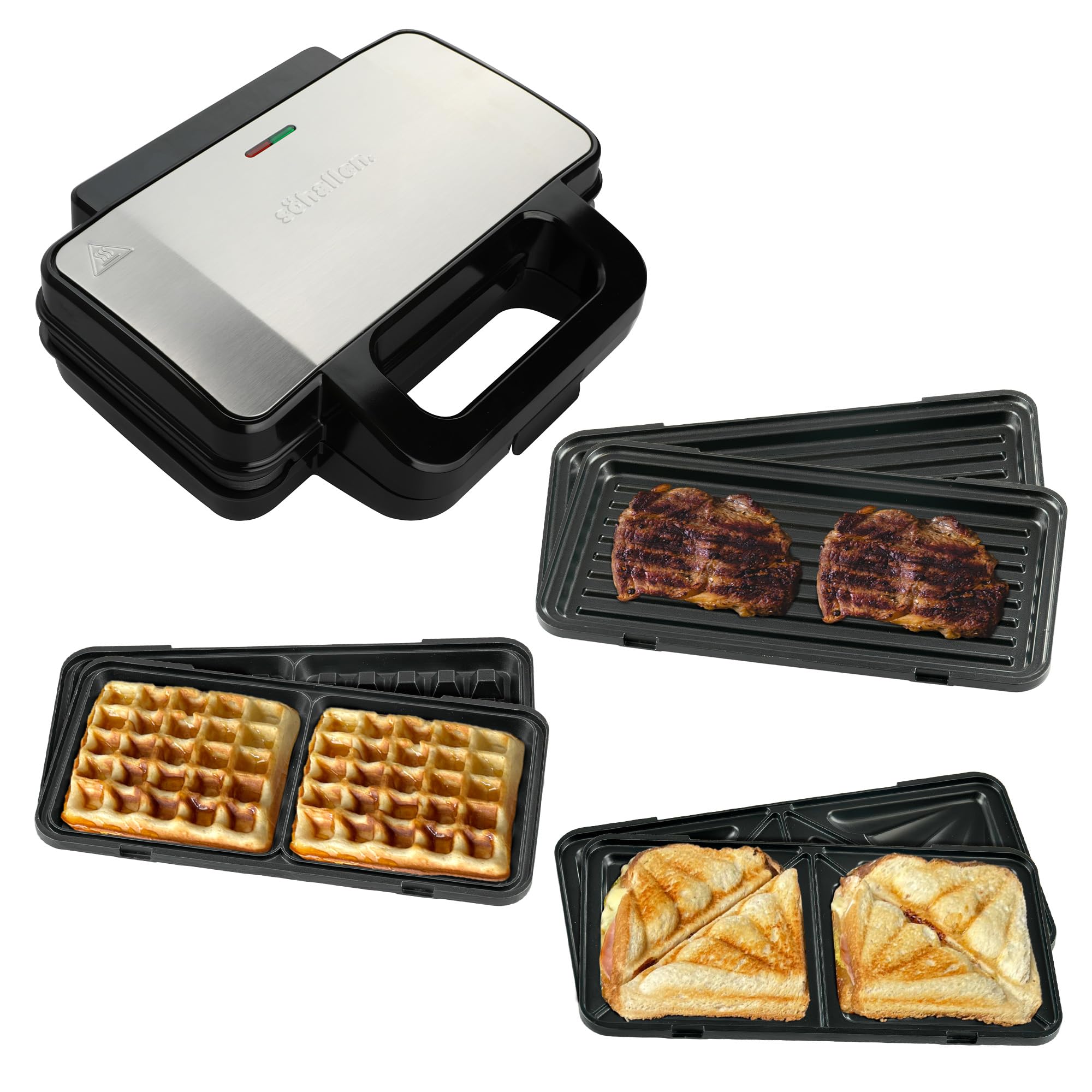Schallen Electric All in 1 Multi Grill | Grilling Machine, Sandwhich, Toastie & Waffle Maker Machine | Includes 4 Removable Large None Stick Cooking Plates | Stainless Steel | Black & Silver Kitchen