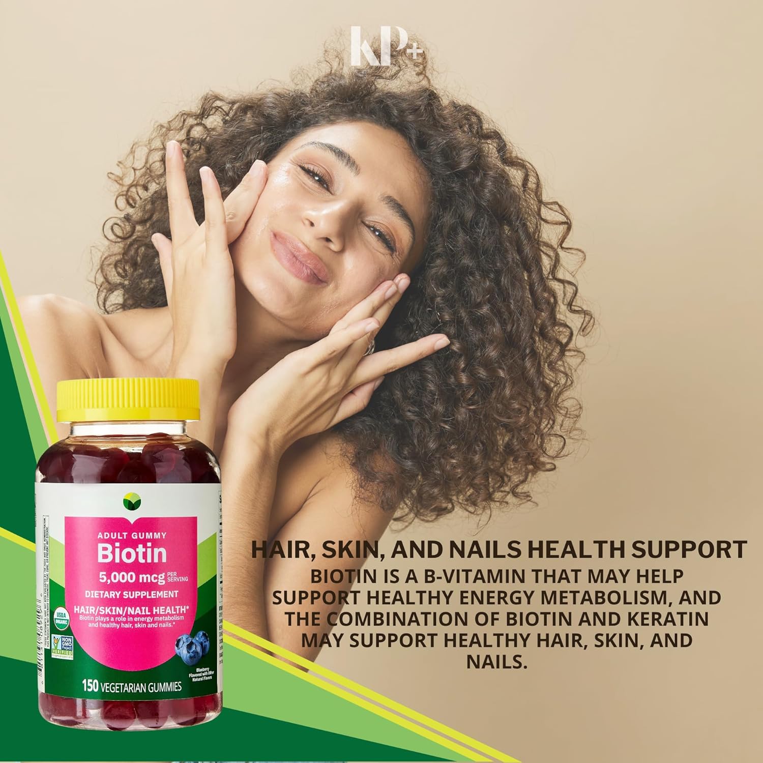 KP+ Biotin | Biotin 5,000 mcg Gummies | Supports Hair, Skin & Nail Health | 150 Vegetarian Gummies | Blueberry Flavor | Pack of 1