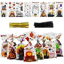Ankyery 200 Pcs Halloween Cellophane Treat Bags,Candy Bags with 220 Pcs Gold and Black Twist Ties, Trick or Treat Goodie Bag for Halloween Party Supply-10.6 * 5.1 inch