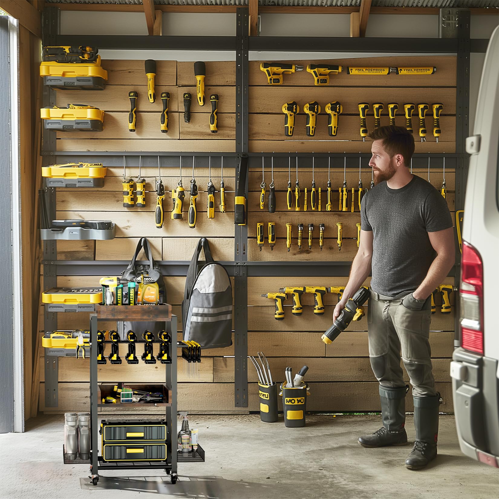 UNHO Servante d'atelier Complète avec Outils: Rangement Outils Bricolage à roulettes Organisateur Outils Électriques Chariot Roulante Métallique Caisse à Outil pour Garage - 62x30.5x88cm