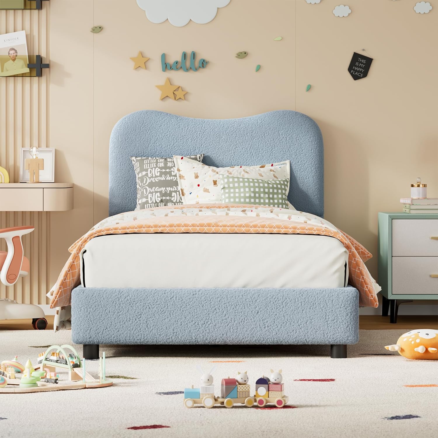 Boucle Twin Bed Frame for Kids with Upholstered Headboard, Low Profile Sturdy Platform Bed with Soft Boucle Fabric for Girls and Boys, Heavy Duty, Wooden Slats, Noise Free, No Box Spring Needed, Blue