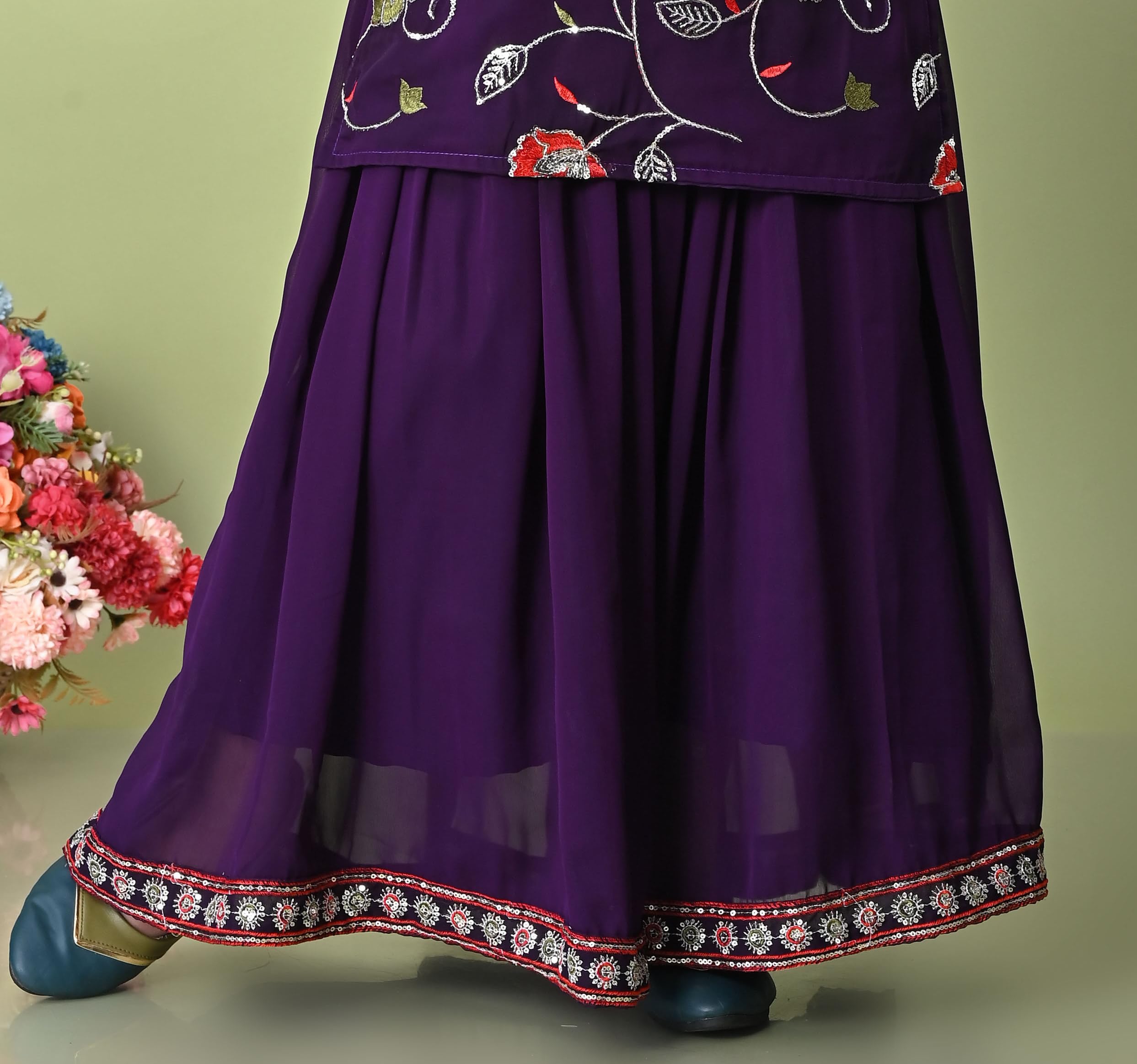 SPAMitude - Georgette Embroidery Sequin Kurta, Skirt and Dupatta Set for Girls – Ethnic Party Dress I Birthday Trendy Classic Outfit I Square Neck Sleeveless (PURPLE, 9-10 YEARS) - Image 4 thumbnail
