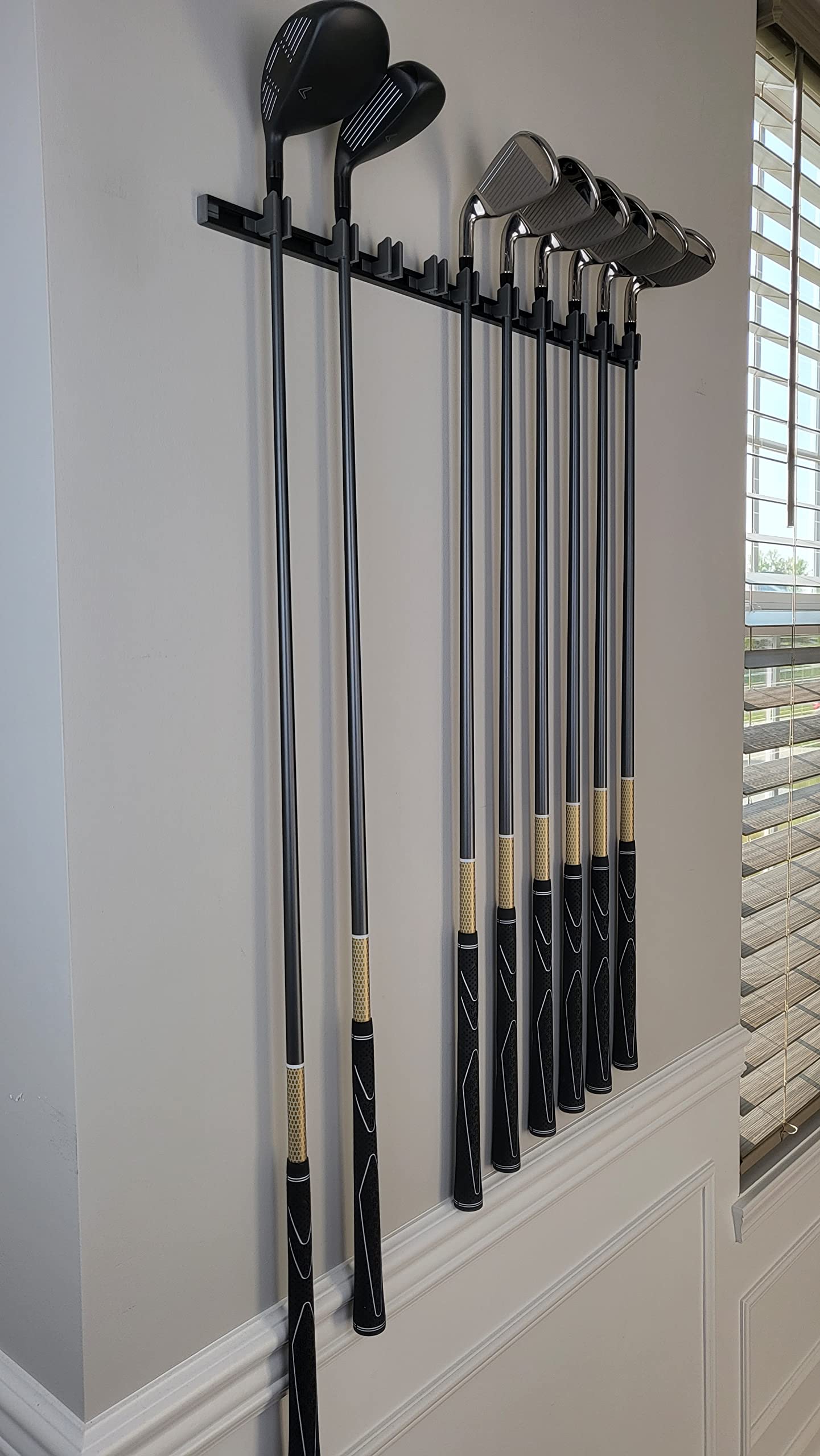 Black Or Gray Generic 10 Golf Club Holders On 24" Rack, Wall Display, Wall Hanger, Organizer (Club Head Up, Black And Gray)