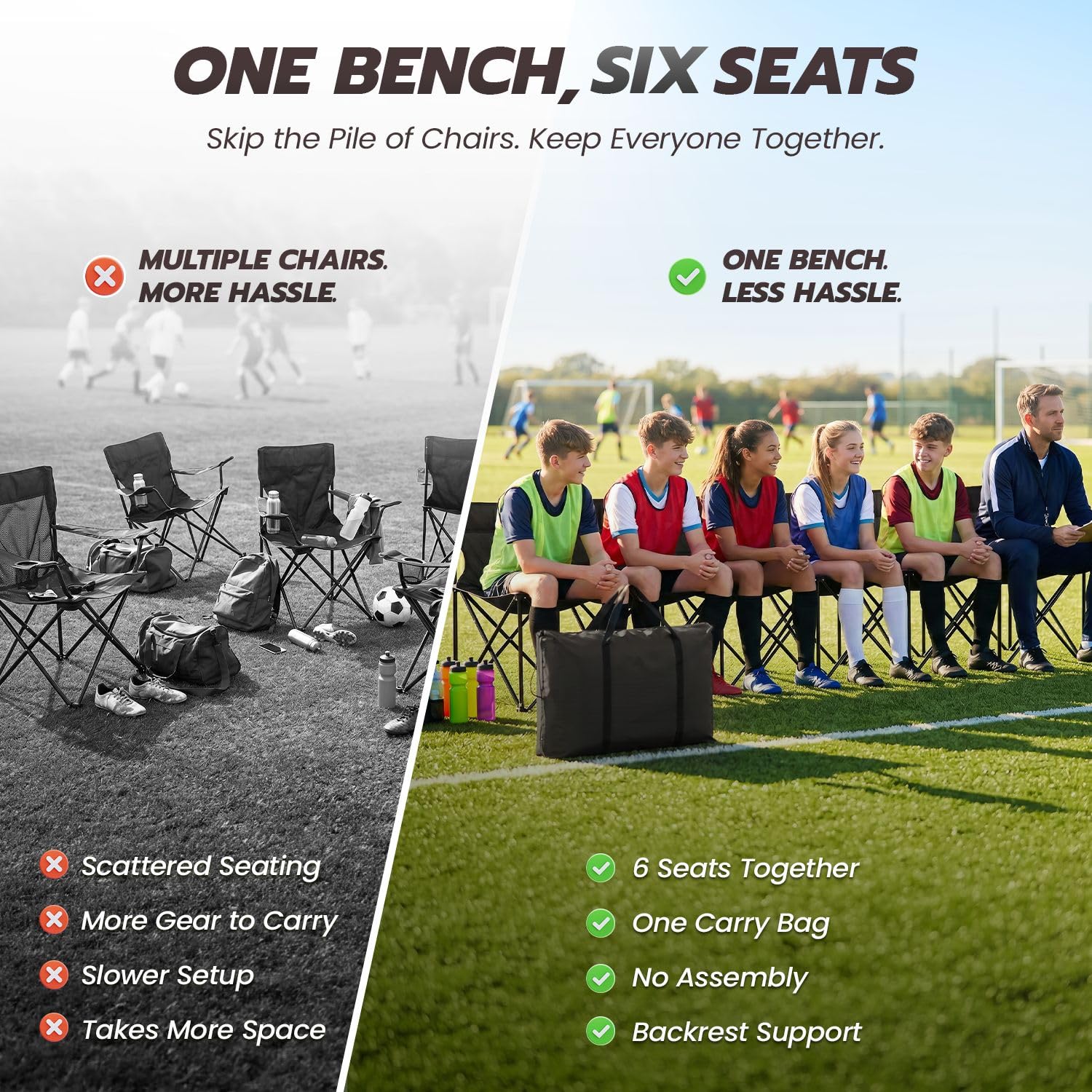 Flexzion Sports Sideline Team ławka z oparciem dla 6 osób, składane siedzisko piłkarskie, przenośne składane krzesło w zestawie torba do przenoszenia - łatwa do złożenia do wybielacza kempingowego, piłki nożnej, pikniku na świeżym powietrzu, czarna
