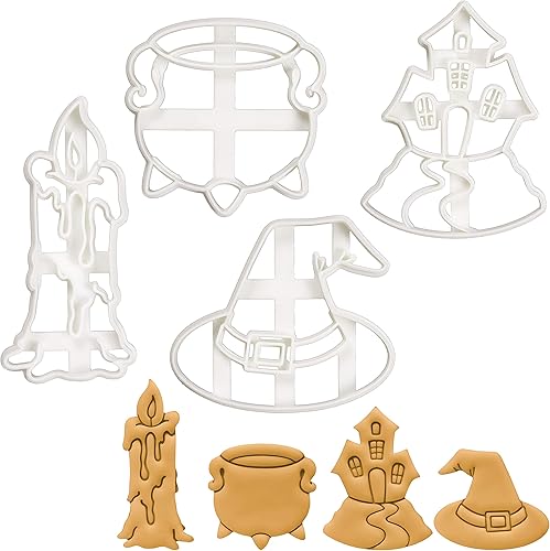 Juego de 4 cortadores de galletas con temática de brujería (diseños: vela, caldero, sombrero de bruja y casa encantada), 4 piezas - Bakerlogy