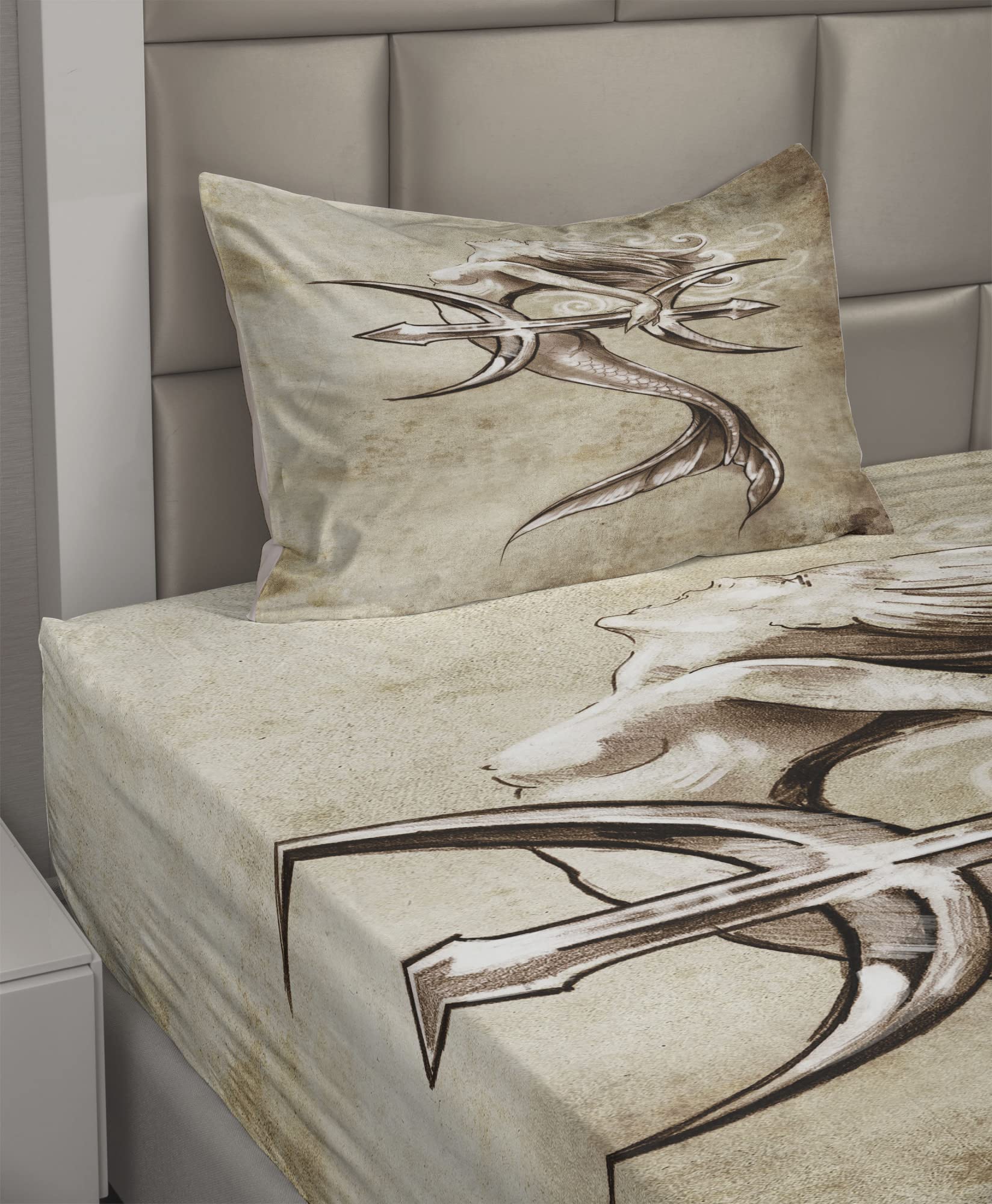 Ambesonne Mermaid Sheet Set, Vintage Girl in The Sea an Anchor Mythical Aquatic Creature Graphic Art, Fitted and Flat Sheet with Pillowcase Bedding Accent 3 Piece Set, Twin XL, Beige Brown