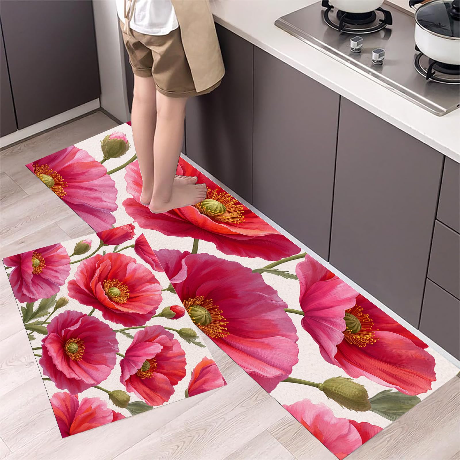 Alfombra de piso para pasillo y cocina, tapetes antideslizantes de 2 piezas, juego rojo lavable