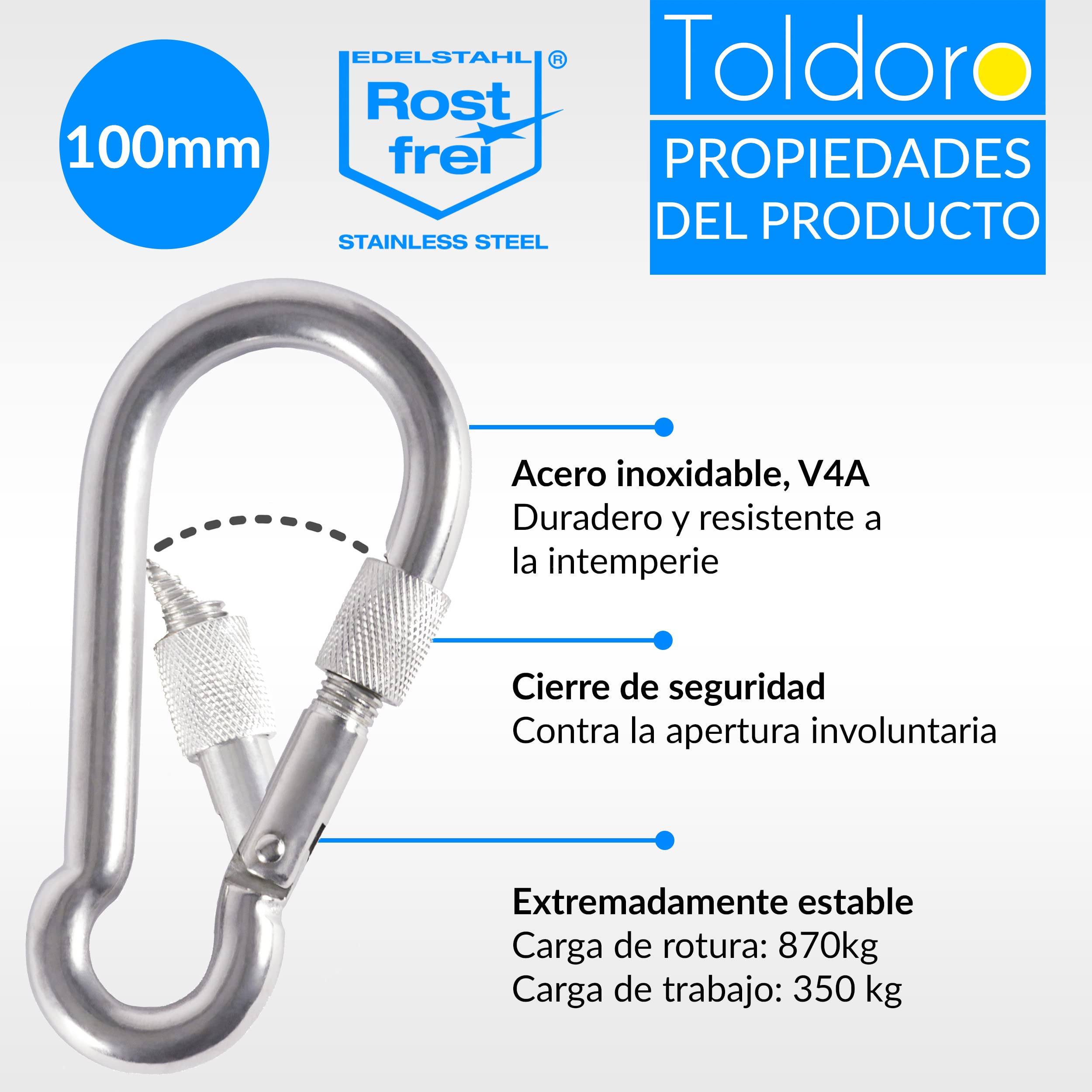 Toldoro Mosquetón de acero inoxidable con cierre de seguridad, mosquetón de 100 mm, mosquetón para fijación, mosquetón de acero inoxidable con cierre