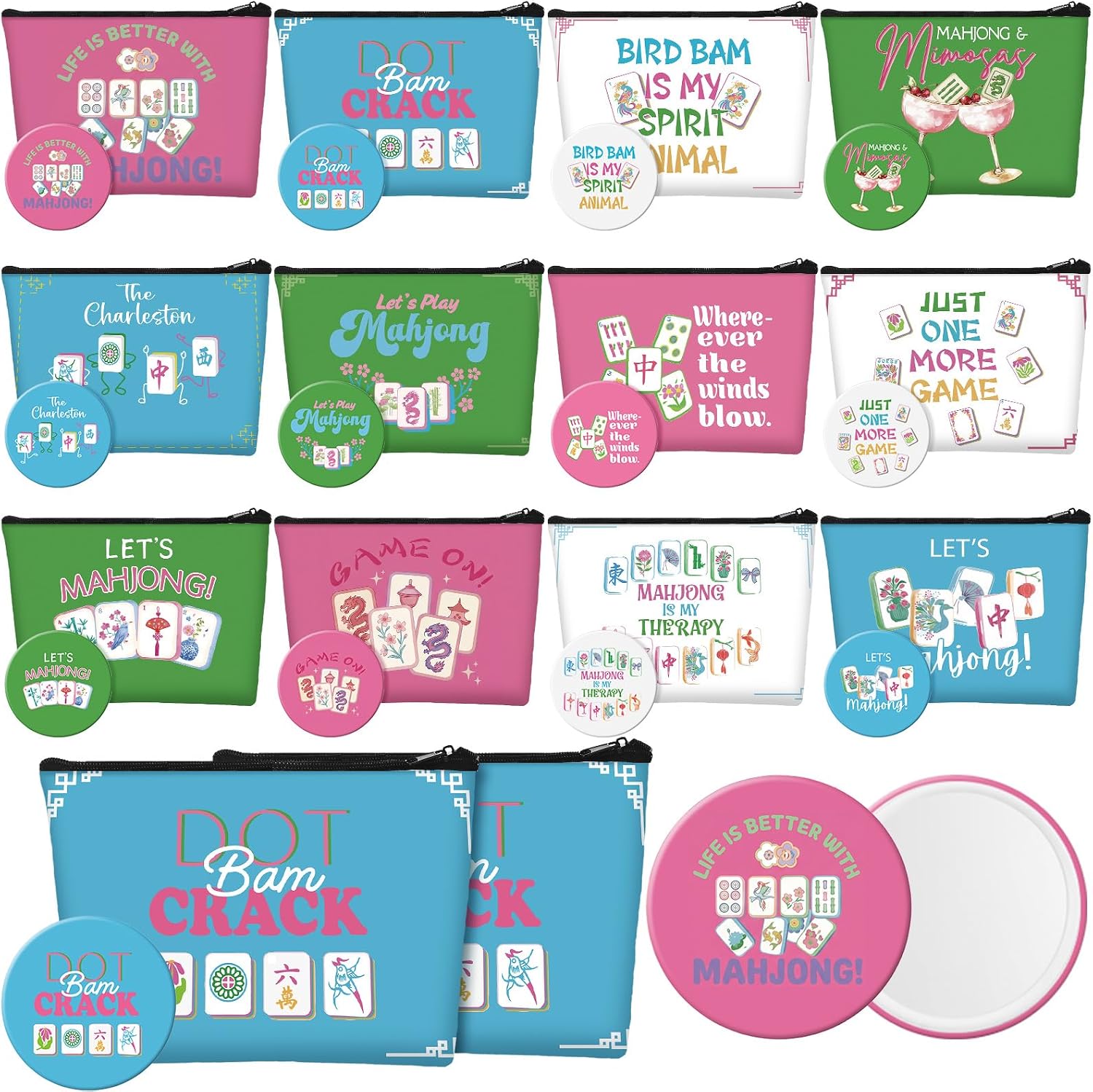 Roowest 24 Pcs Mahjong Gifts for Women Mahjong Makeup Bag with Mirror Bulk