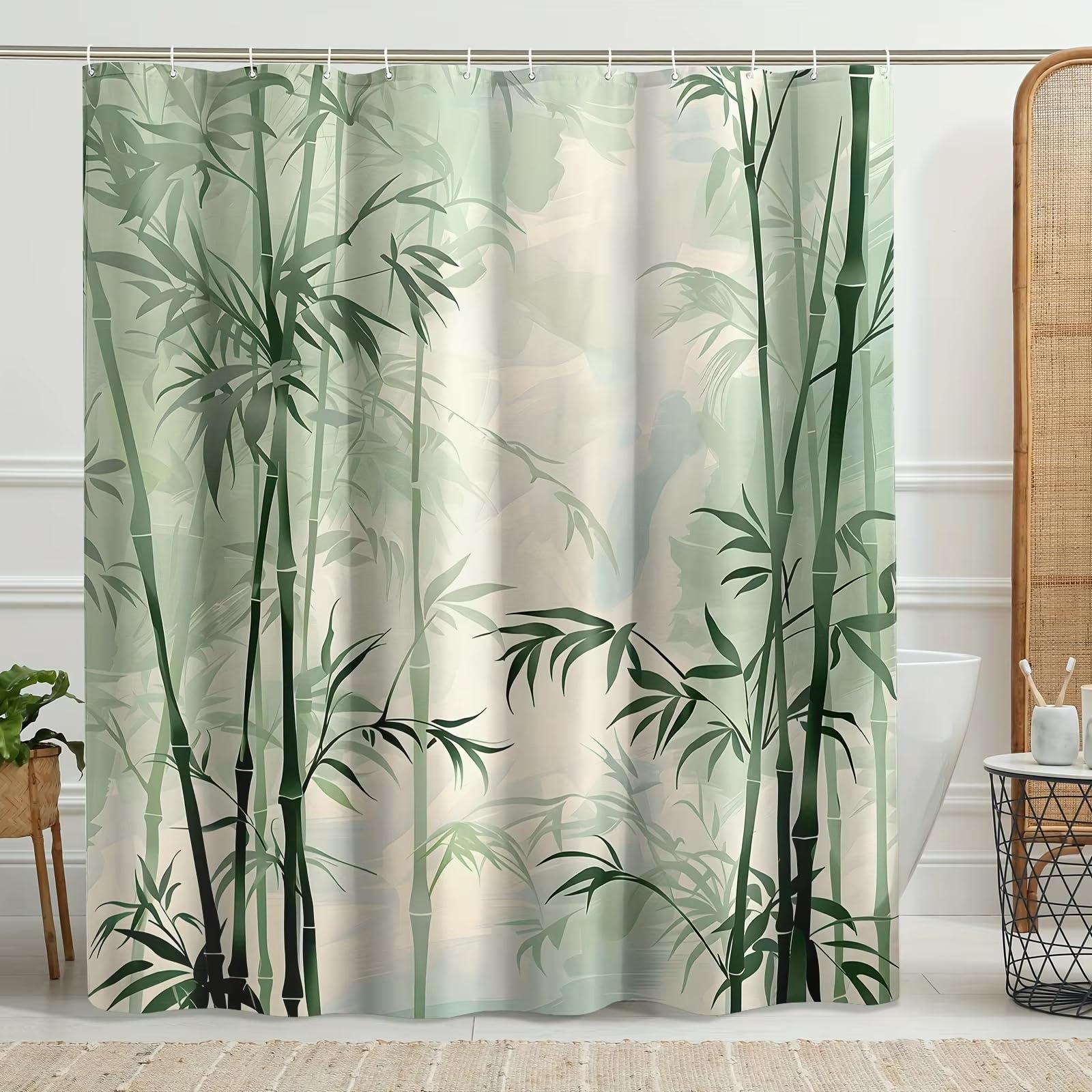 Rideau de douche en bambou vert polyester lavable 120x182cm avec crochets