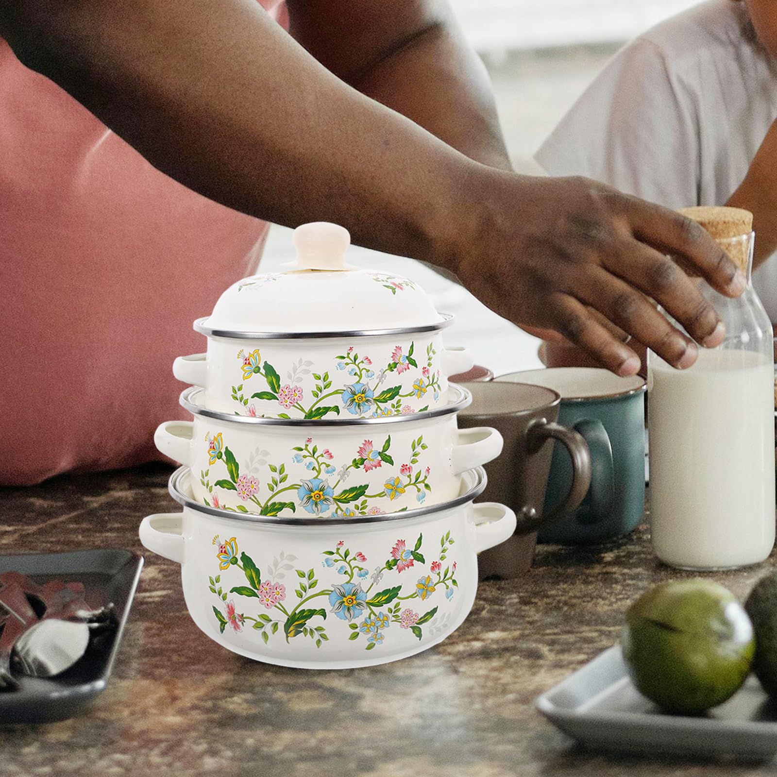 OUNONA Lot de 3 Casseroles Émaillées Couvercle Fond Plat pour Purées Bébé et Soupes Ustensiles Cuisine Pratiques et Légers