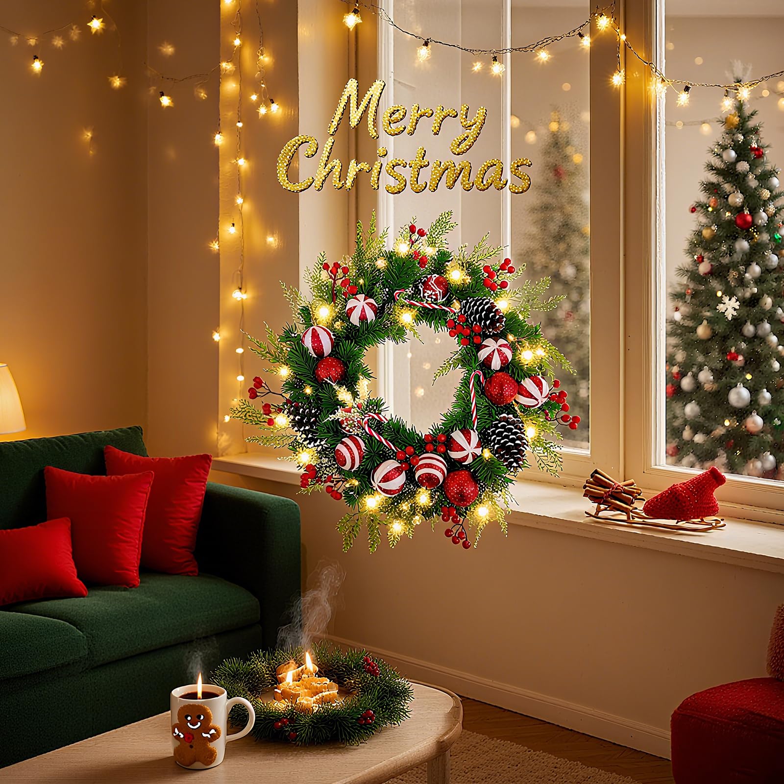 Corona de Navidad de 20 pulgadas, eucalipto artificial, corona de hoja perenne artificial para decoración de ventanas al aire libre, decoración moderna de casa de campo artificial para decoración de