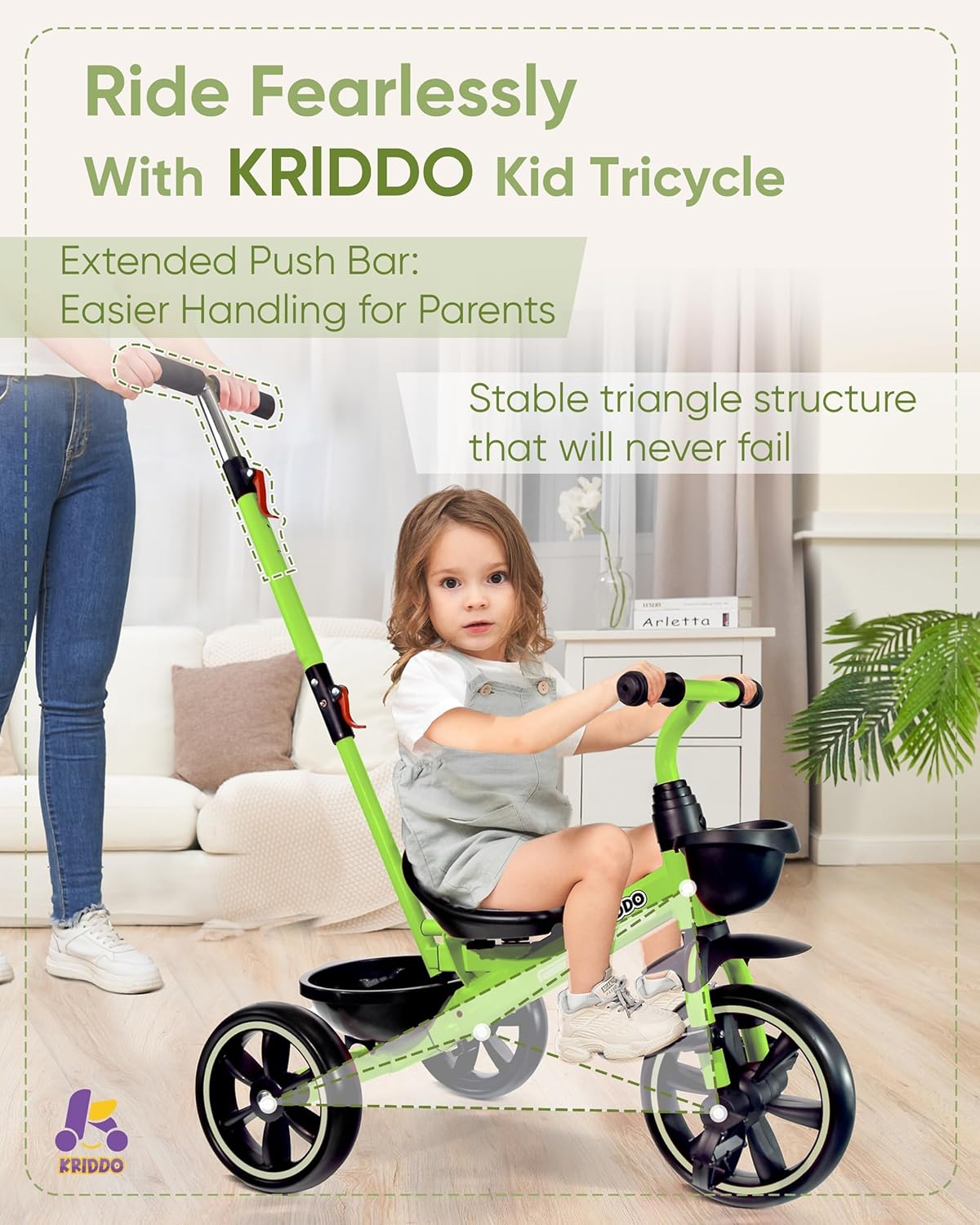 KRIDDO 2-in-1 Toddler Tricycle for Ages 18 Months to 5 Years Old - Extended Push Handle for Effortless Push, Gift Trike for Toddler 3 to 5 Year, Kids Tricycle with Foldable Front Footrest, Green