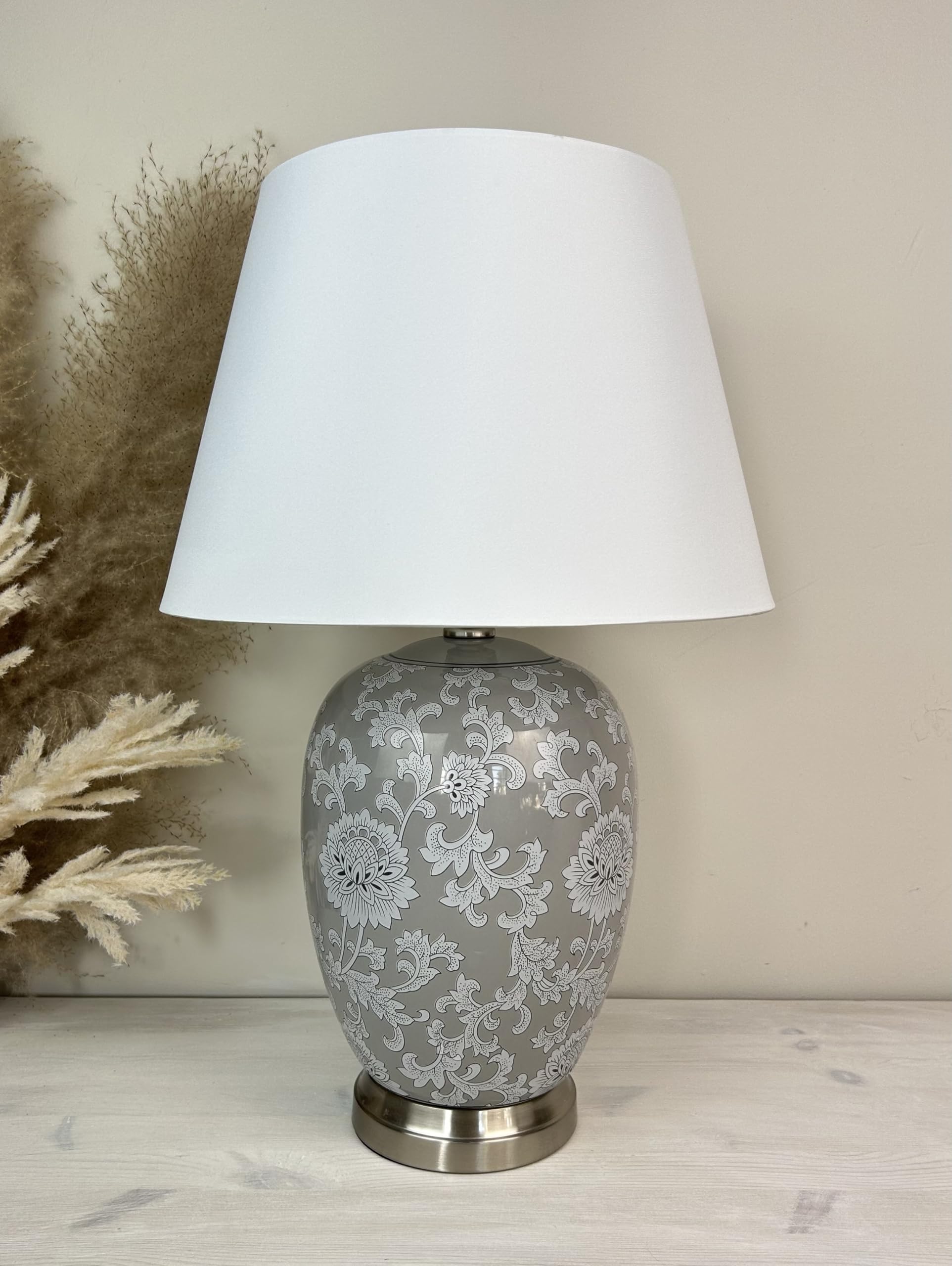DOWNTON INTERIORS Large Grey Chinese Oriental Ceramic Porcelain Table Lamp with White Floral Pattern (G2117) (White Plain Shade)