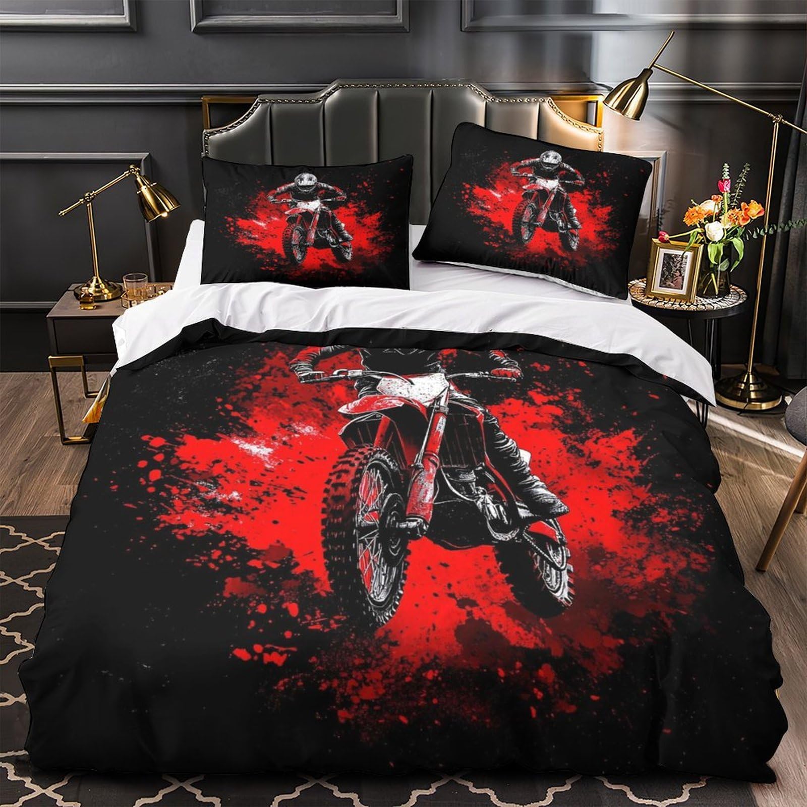 Parure de lit motocross 135x200cm pour enfant avec housse de couette microfibre et taie