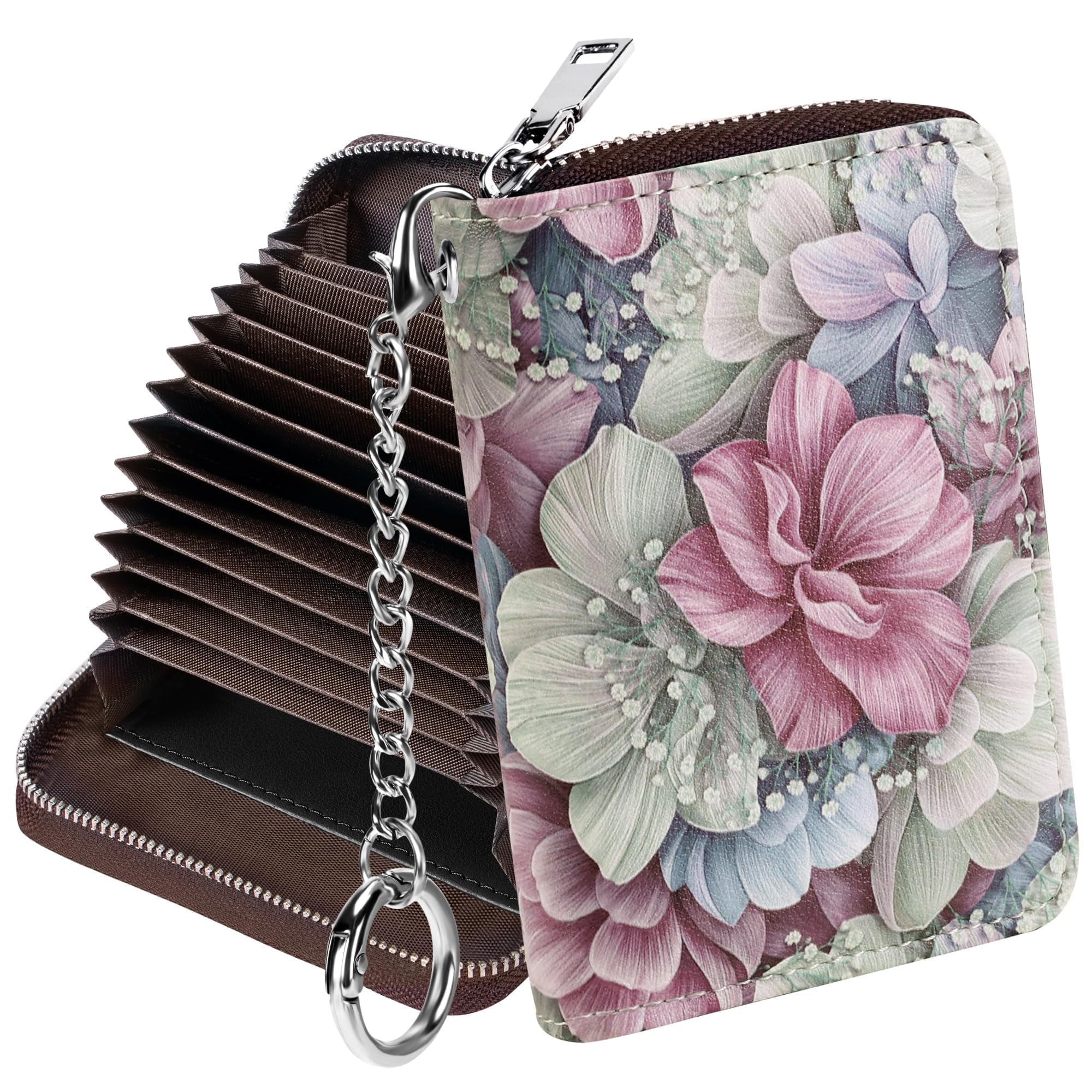 Mayski Credit Card Holder, Zipper Credit Card Wallet for Women, Small Accordion Card Cases Holder, KeyChain Wallet, Business Card Holder, Happy Flower