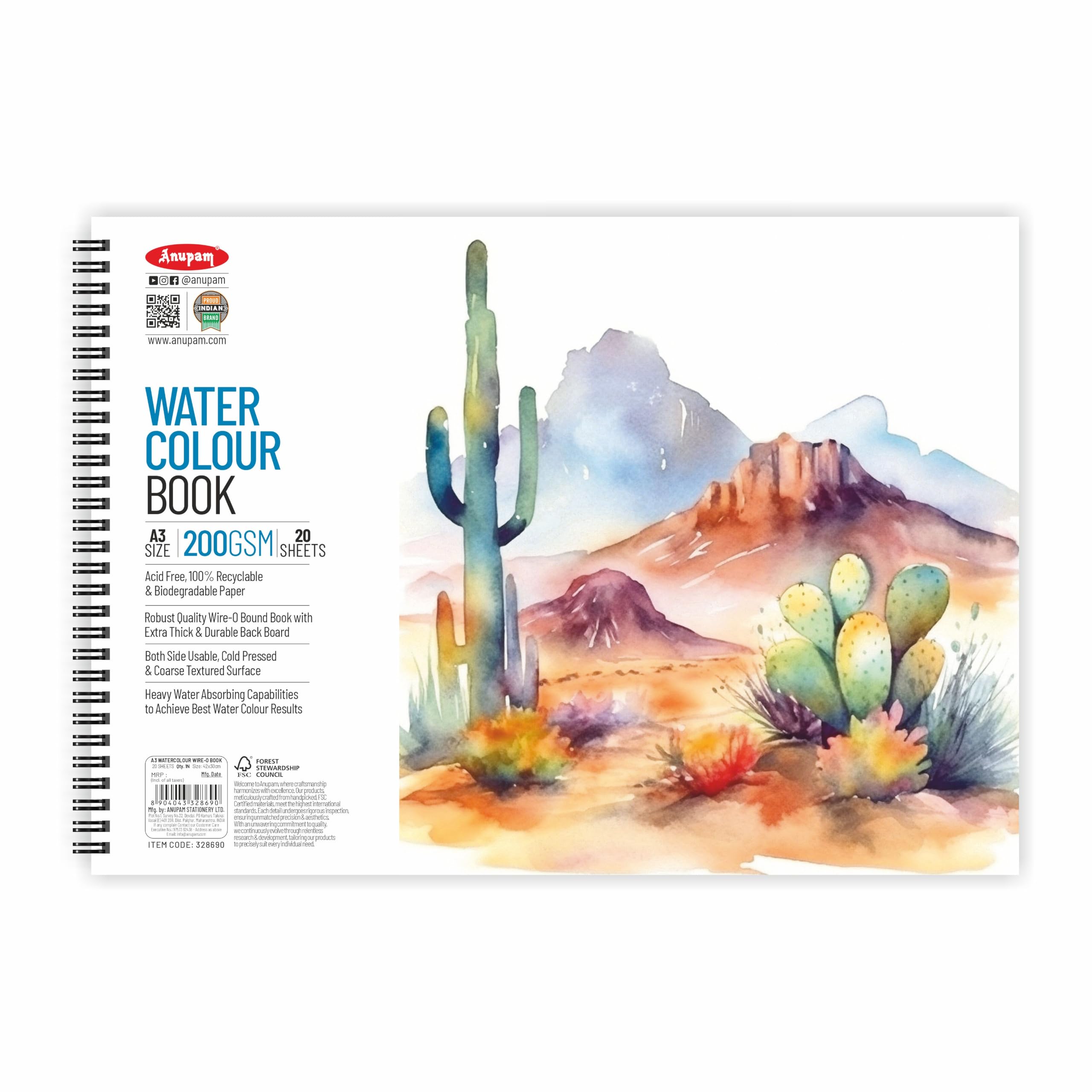 Anupam Artists Watercolour Wire-O Book 200 GSM Cold Pressed A3 20 Sheets for Watercolour, Gouache, Ink, Acrylic, Wet & Mixed Media, Art Painting, Drawing for Artists & Amateurs (Pack of 2)-image-43