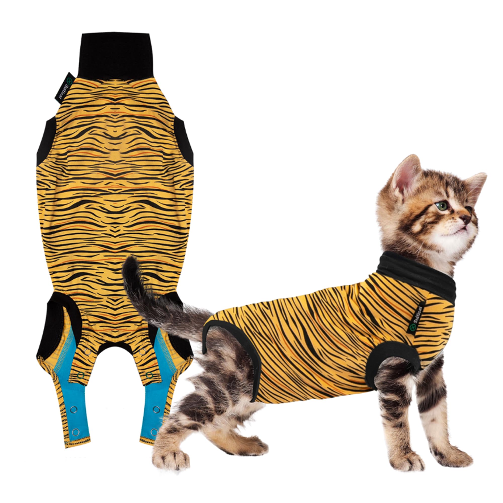 Cat Recovery Suit for Spay, Neuter, Suture, Incision, & Skin Conditions - Breathable Fabric with Back Opening - 16.9-20.1 Inches Neck to Tail, 23-34 Inches Chest - S, Tiger Print
