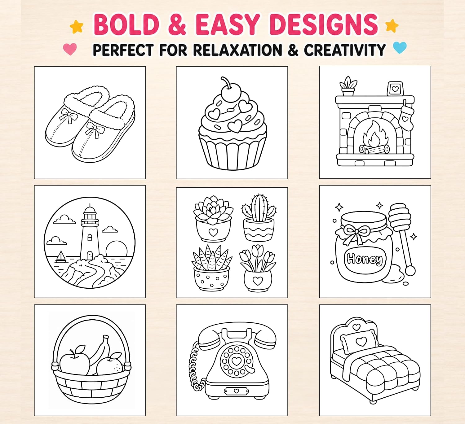 Bold and Easy Coloring Book Set for Adults Spiral Bound: 50 Cozy Designs for Relaxation and Stress Relief | Perforated Pages & Single-Sided Print