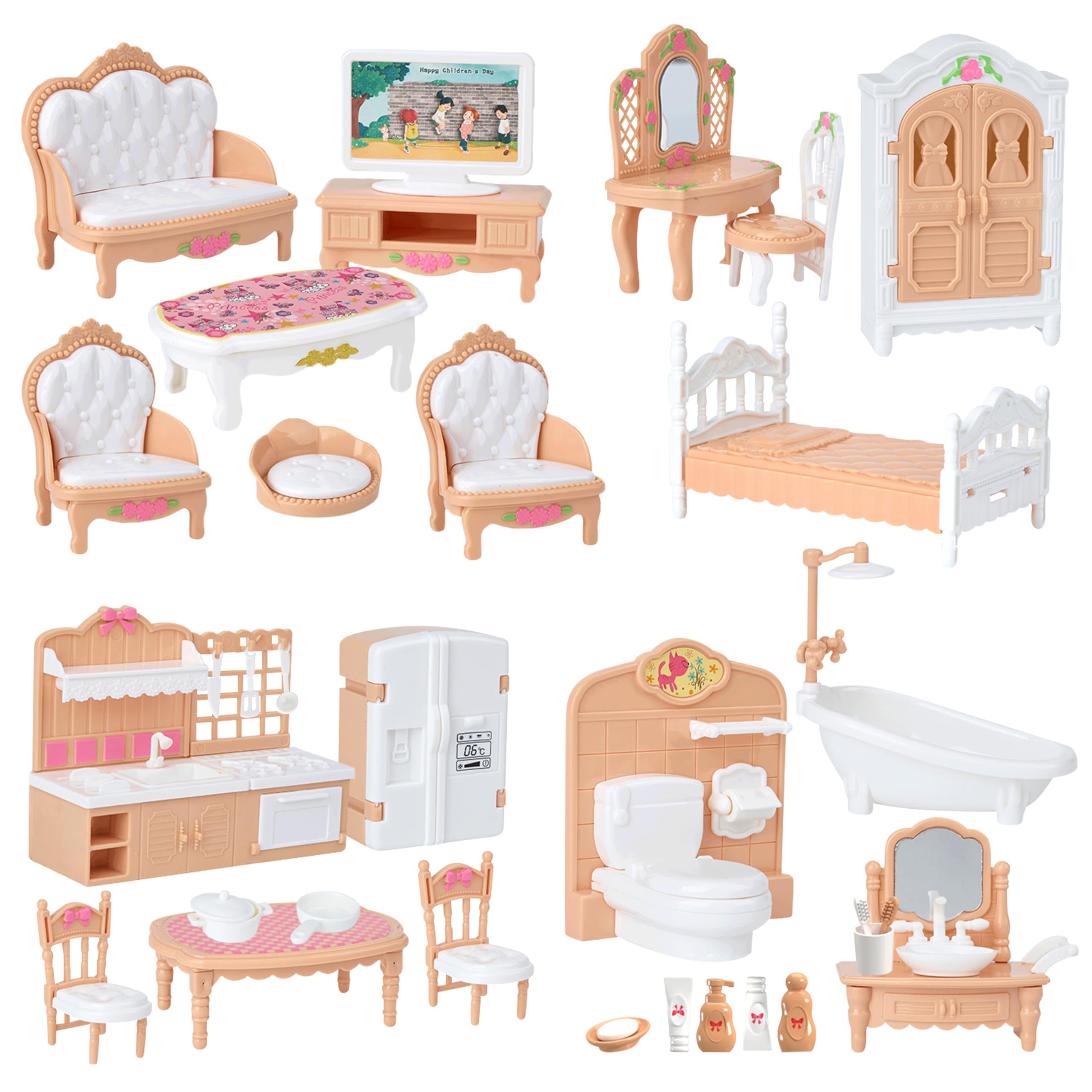 PANTIDE 32Pcs Dollhouse Furniture Set - Miniature Orange Play-set with Bedroom Kitchen Bathroom Role Play Toys for Girls Plastics Dolls House Accessories Great for Birthdays
