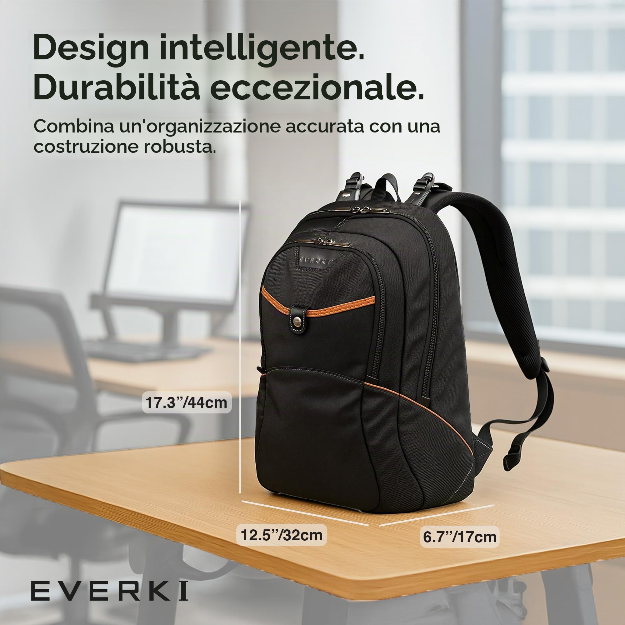Everki Glide zaino per laptop 17,3" per donna e uomo – robusto e idrorepellente, con strisce riflettenti per studio, viaggio o moto – Nero (EKP129)