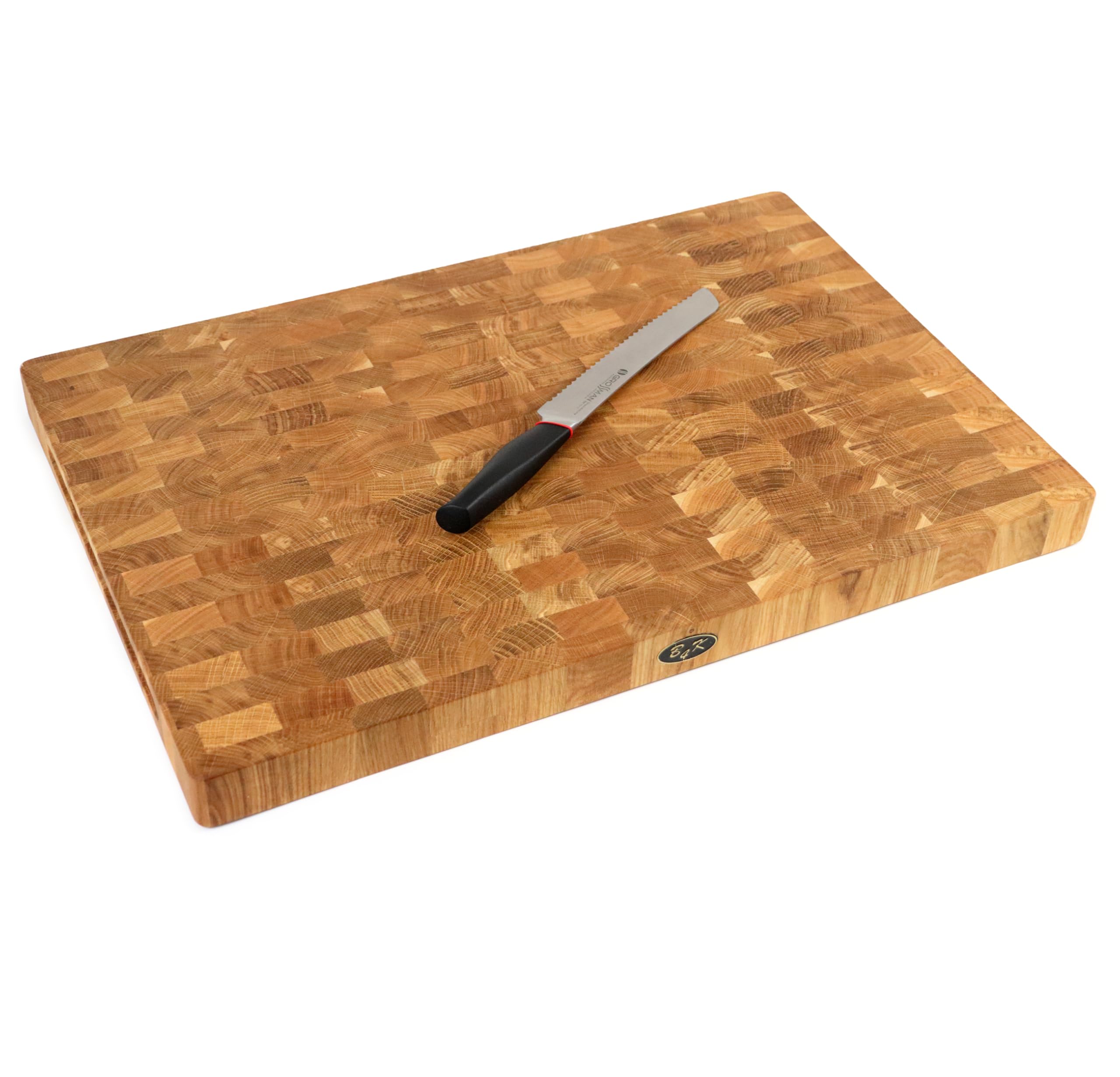 B4K® Schneidebrett aus Eiche Stirnholz 60 × 40 × 4 cm | Massiver Hackblock aus Hirnholz, Mit Griffen & Silikonfüßen, Antibakteriell, Messerschonend