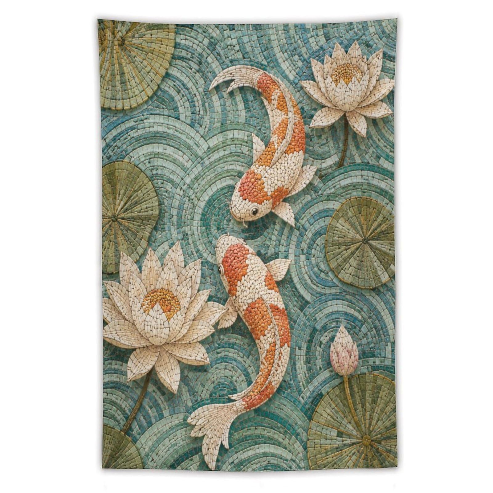 W7C8U2X3 Koi Fish and Lotus Wall Tapestry, Ukiyo-e Style, Apartment